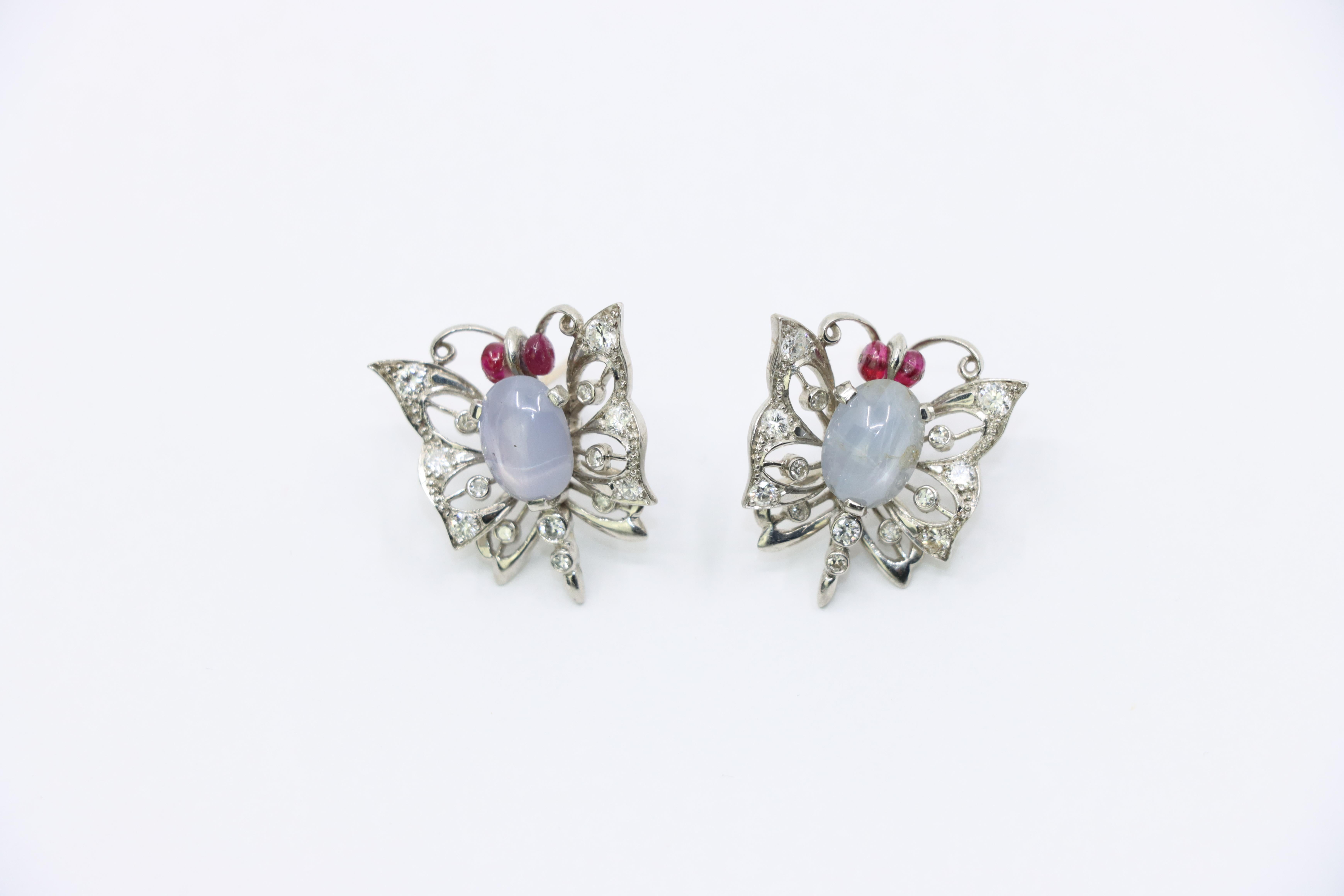 Vintage 14k White Gold Star Sapphire Agate Diamond Butterfly Earrings For Sale 1