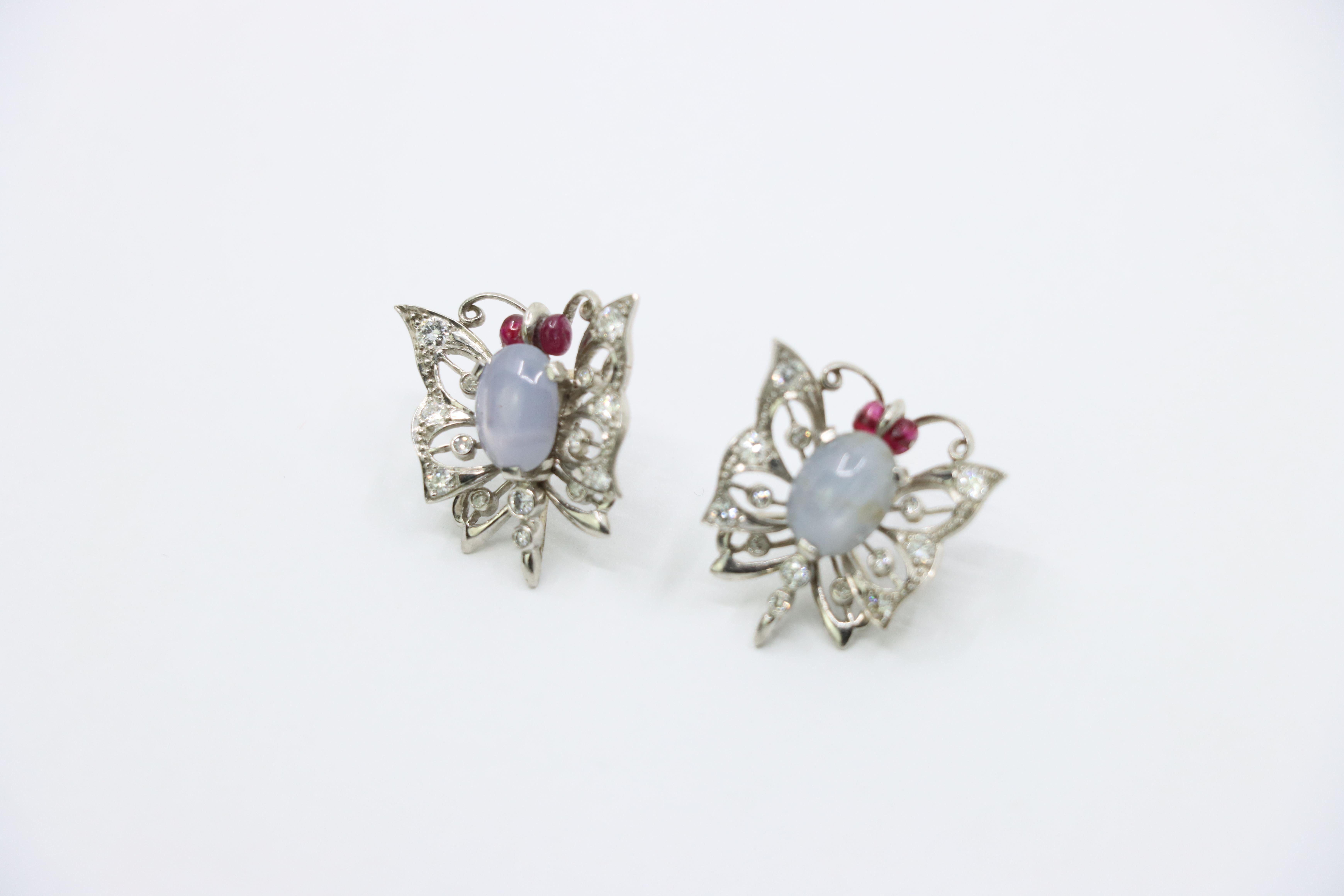 Vintage 14k White Gold Star Sapphire Agate Diamond Butterfly Earrings For Sale 2