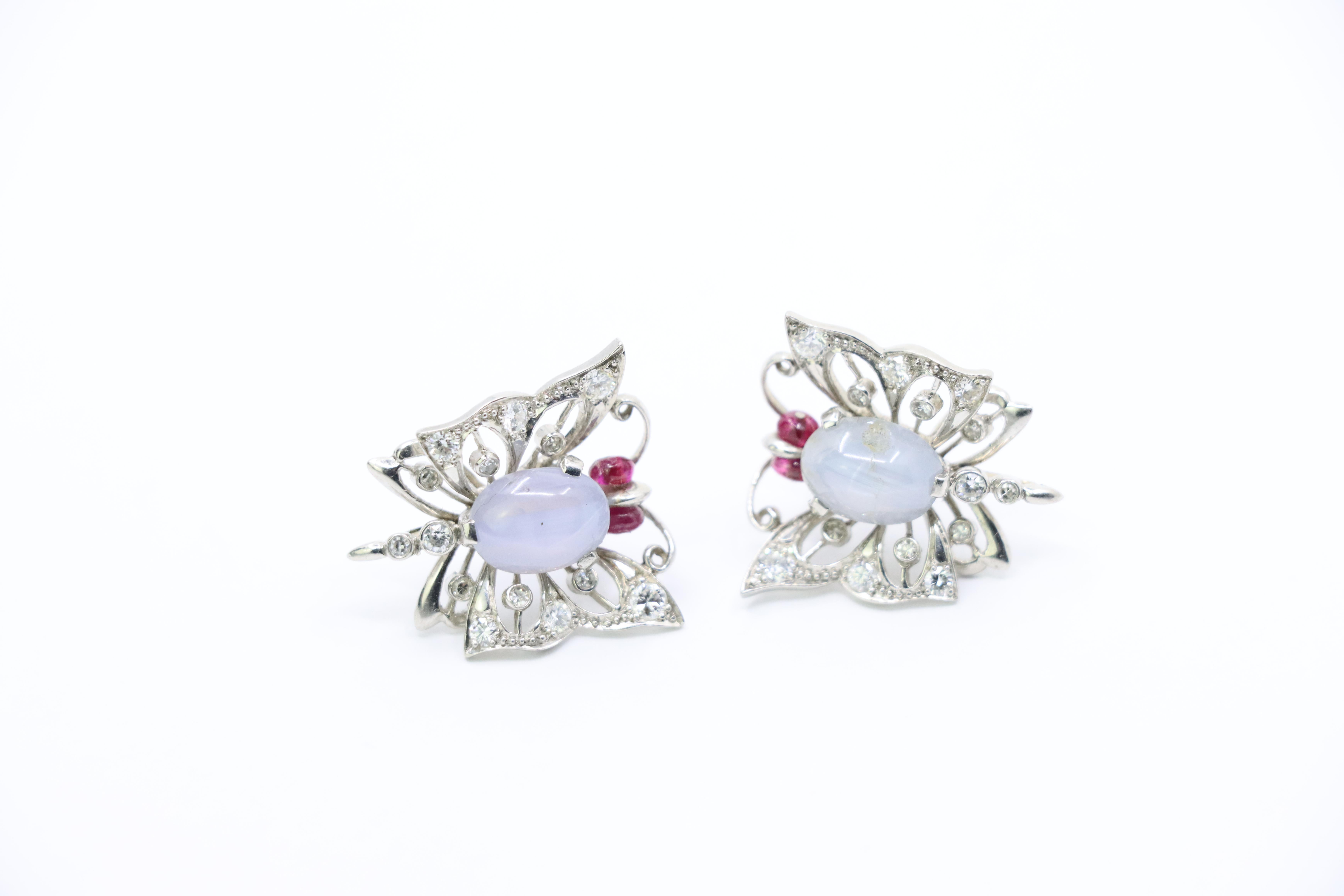 Vintage 14k White Gold Star Sapphire Agate Diamond Butterfly Earrings For Sale 3