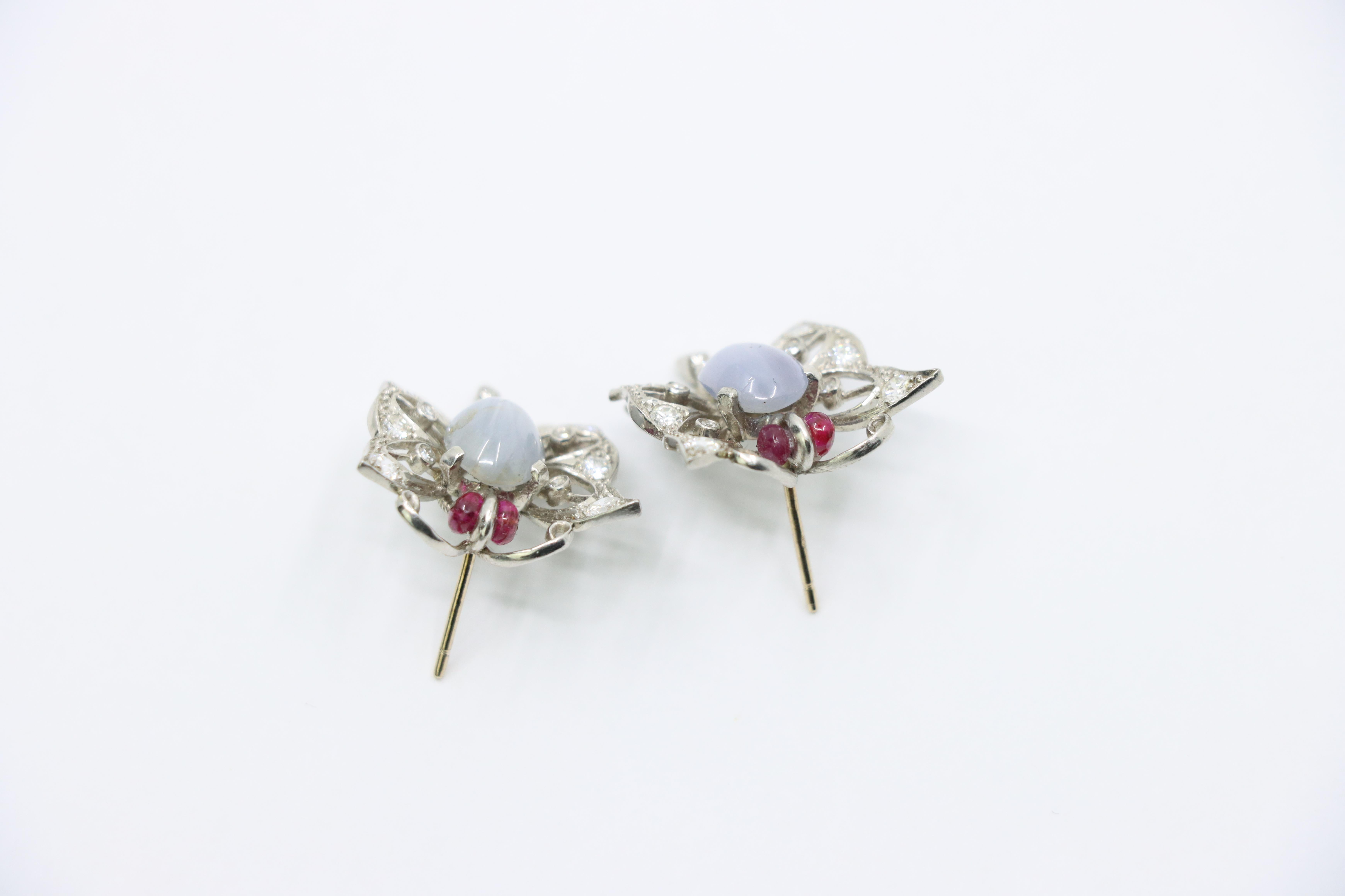 Vintage 14k White Gold Star Sapphire Agate Diamond Butterfly Earrings For Sale 4