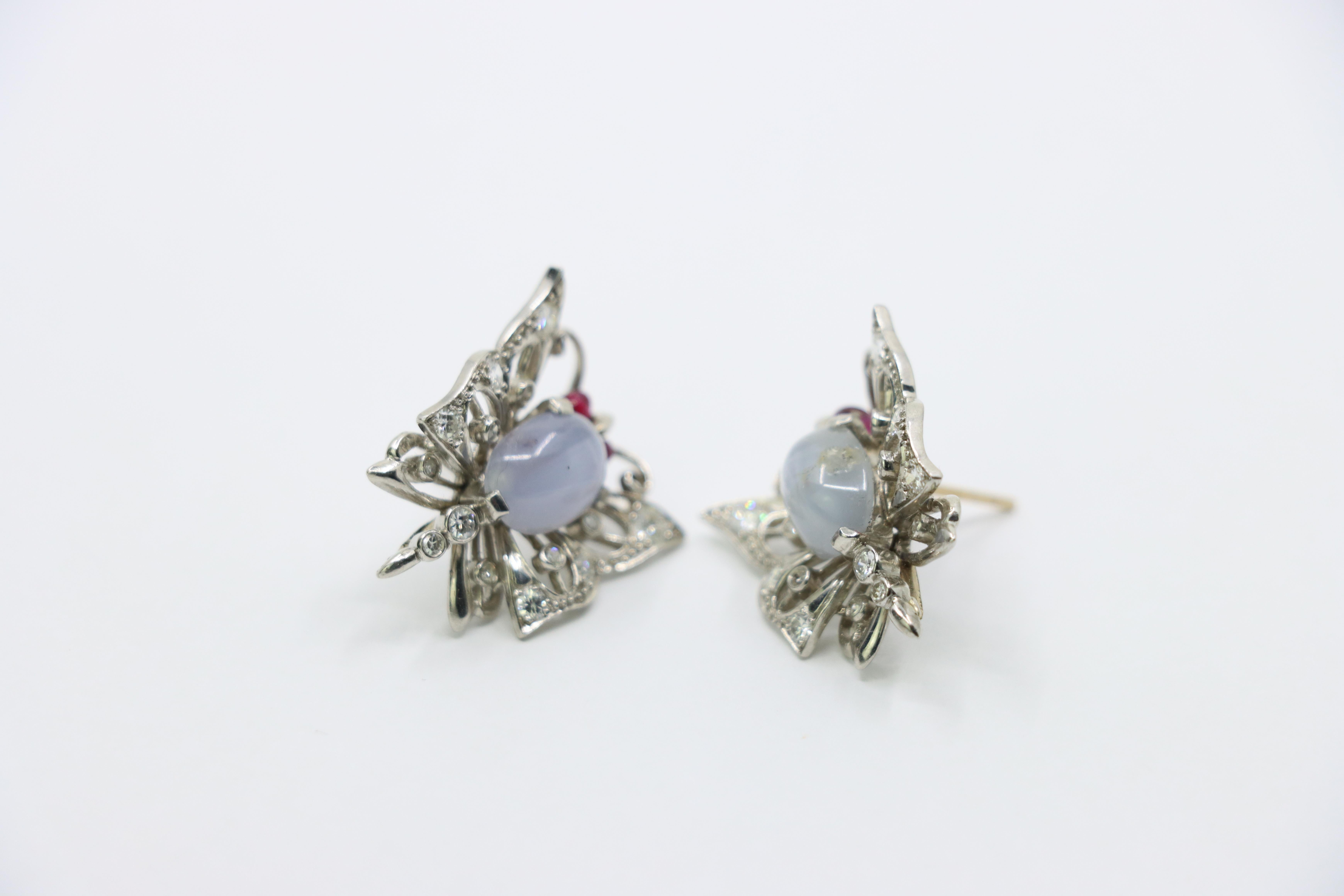 Vintage 14k White Gold Star Sapphire Agate Diamond Butterfly Earrings For Sale 5