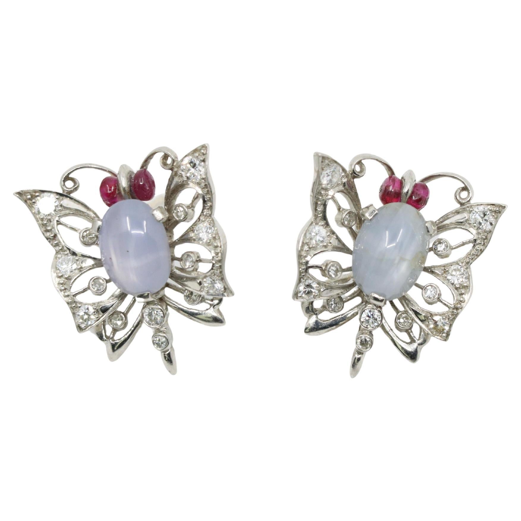 Vintage 14k White Gold Star Sapphire Agate Diamond Butterfly Earrings For Sale