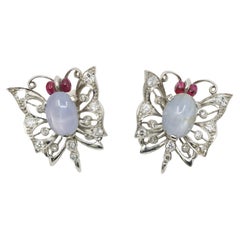 Vintage 14k White Gold Star Sapphire Agate Diamond Butterfly Earrings
