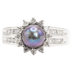 Anillo vintage de oro blanco de 14k con perla negra del Mar del Sur de Tahití y diamantes