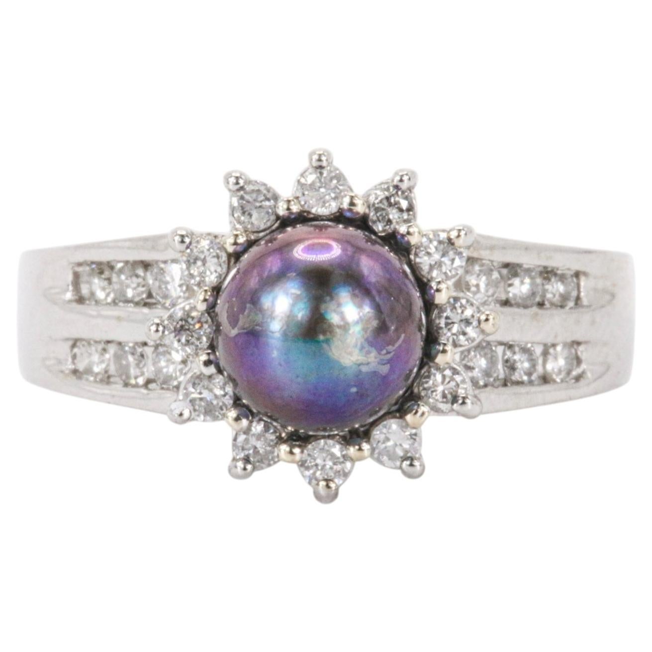 Ring aus 14 Karat Weißgold Tahiti-Schwarzer Südseeperle und Diamant