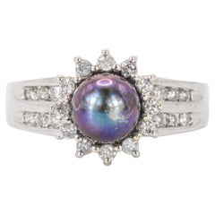 Vintage 14k White Gold Tahitian South Sea Black Pearl and Diamond Ring
