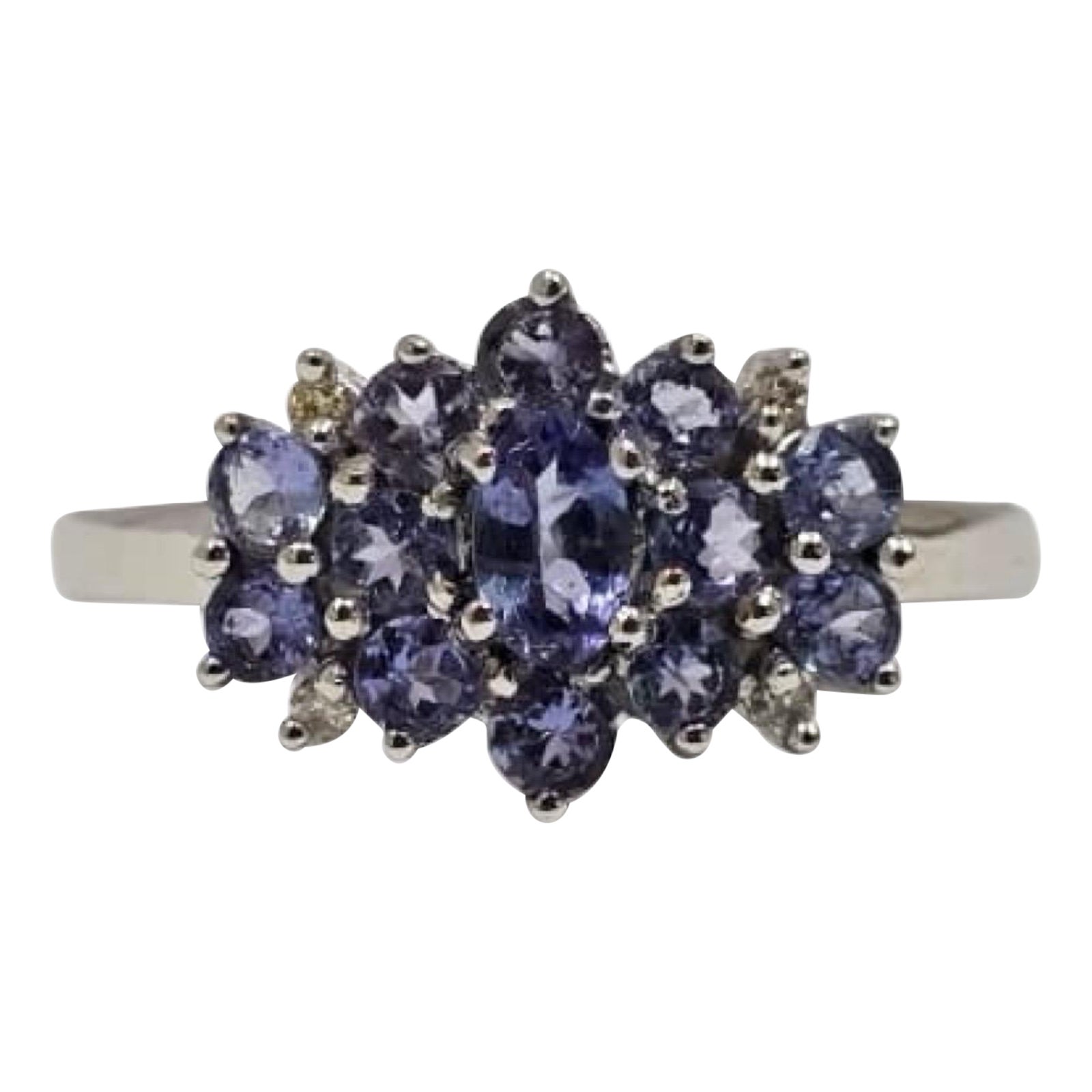 Vintage 14K White Gold Tanzanite Cluster Ring with Diamond Accents