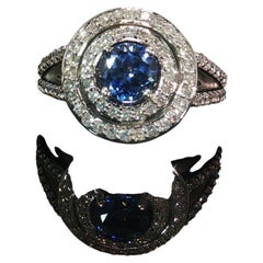 Vintage 14K White Gold Tanzanite Diamond Double Pave Halo Ring Sz 6.75
