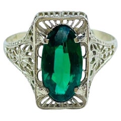 Vintage 14K White Gold Tsavorite Filigree Ring, Easily Sizeable