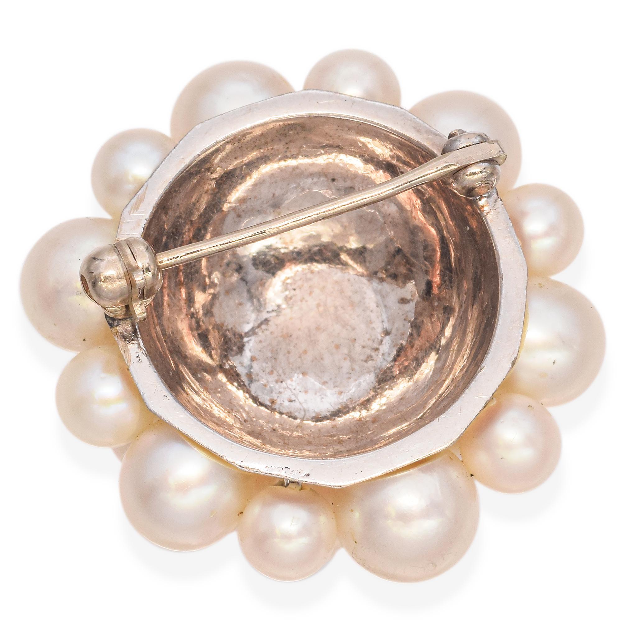Uncut Vintage 14K White Gold White Pearl Cluster Brooch For Sale