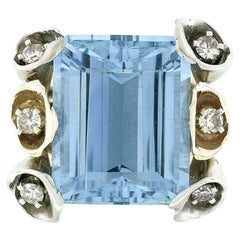 Vintage 14k White & Or jaune 14.85ctw GIA Emerald Cut Aquamarine Diamond Ring
