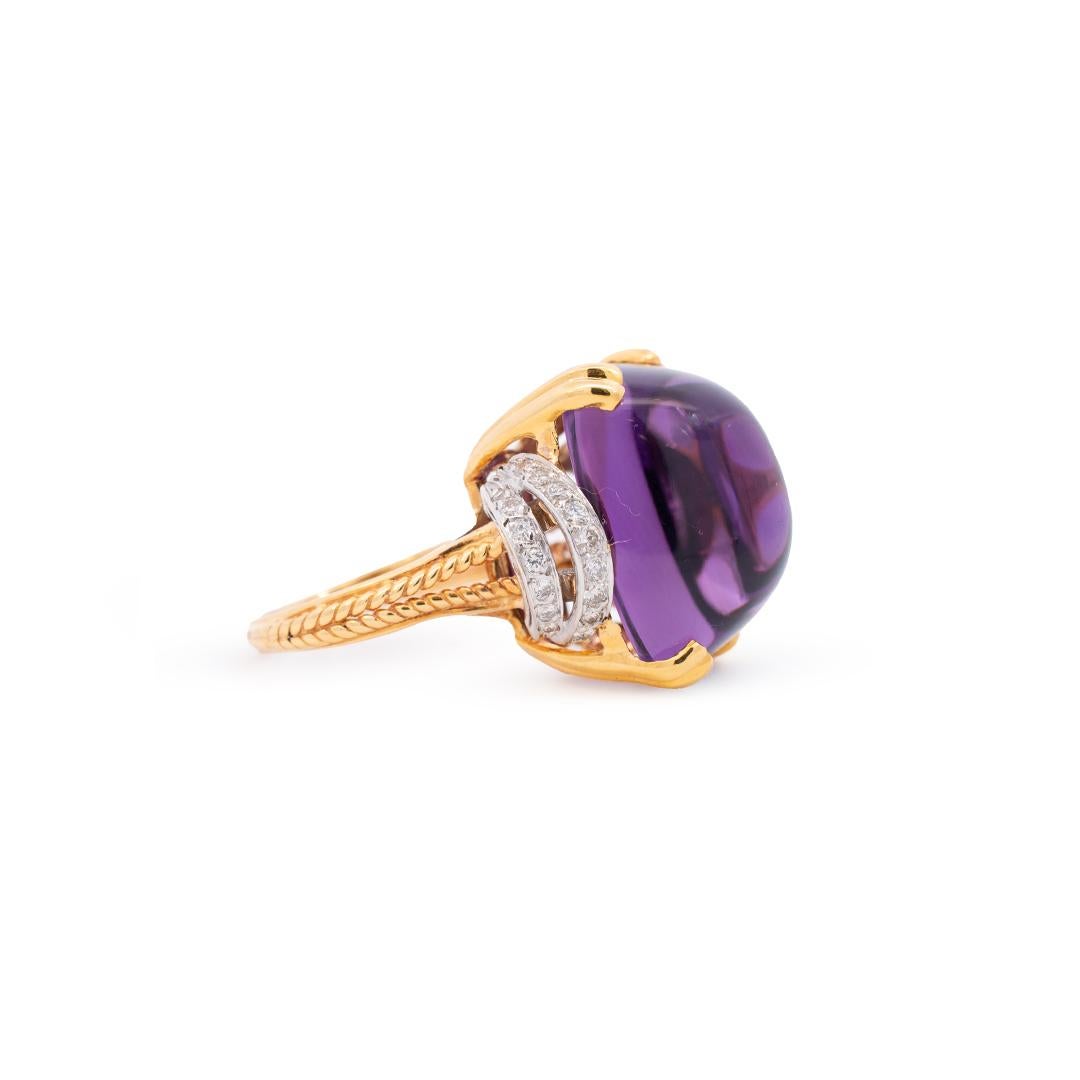 Taille coussin Bague cocktail vintage en or blanc et jaune 14 carats avec diamants et améthyste