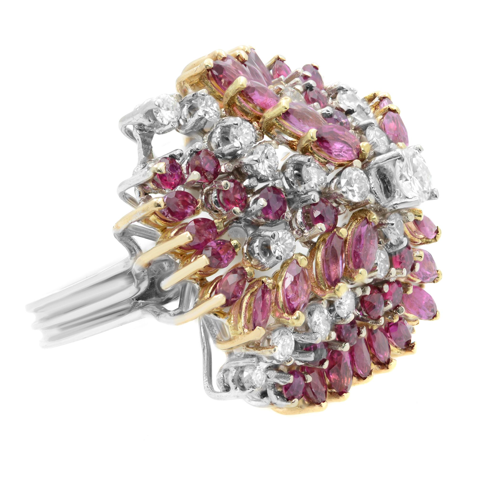 Modern Vintage 14K White & Yellow Gold Diamond & Ruby Cocktail Ring For Sale