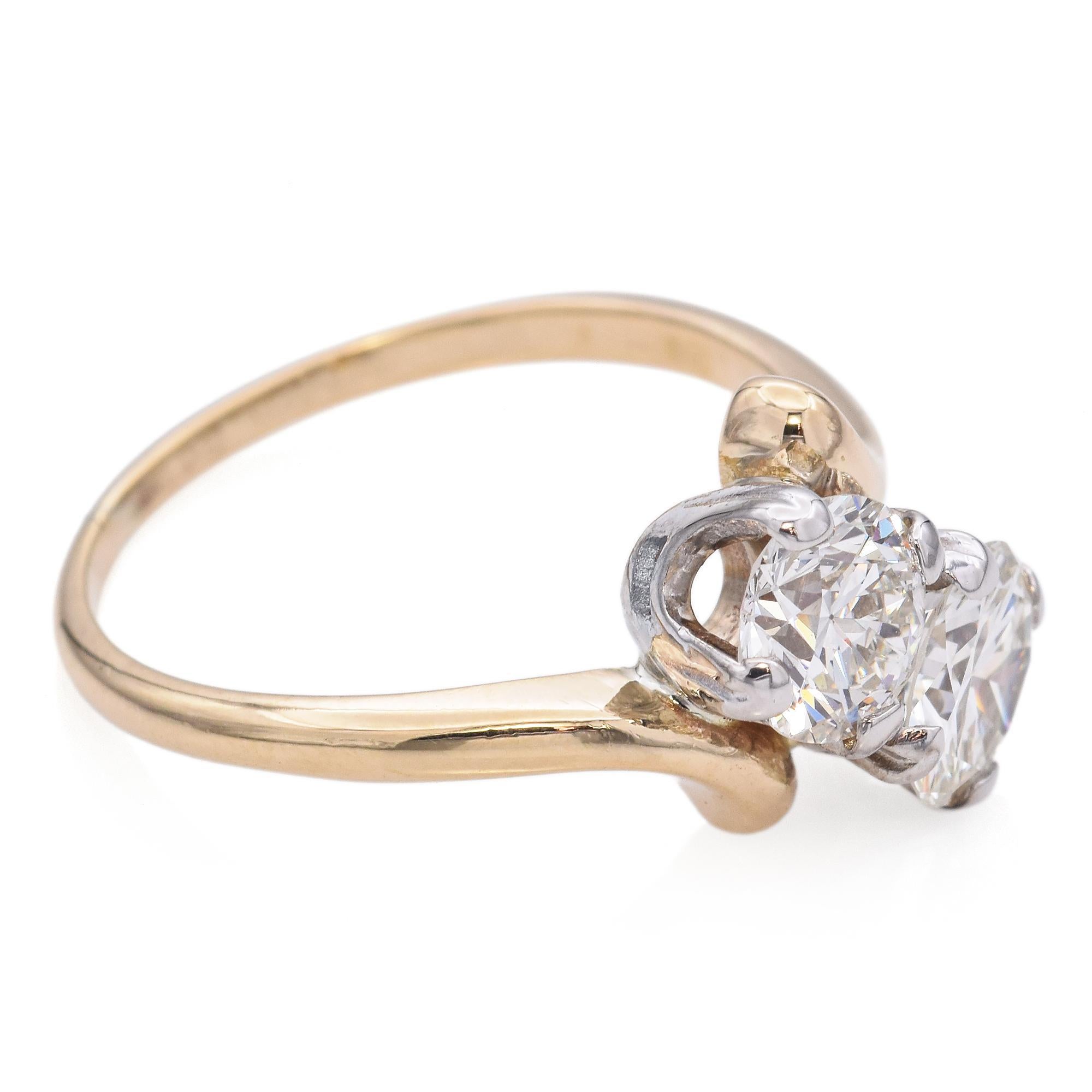 Round Cut Vintage 14K Yellow and White Gold 1.63 TCW Diamond Bypass Engagement Ring