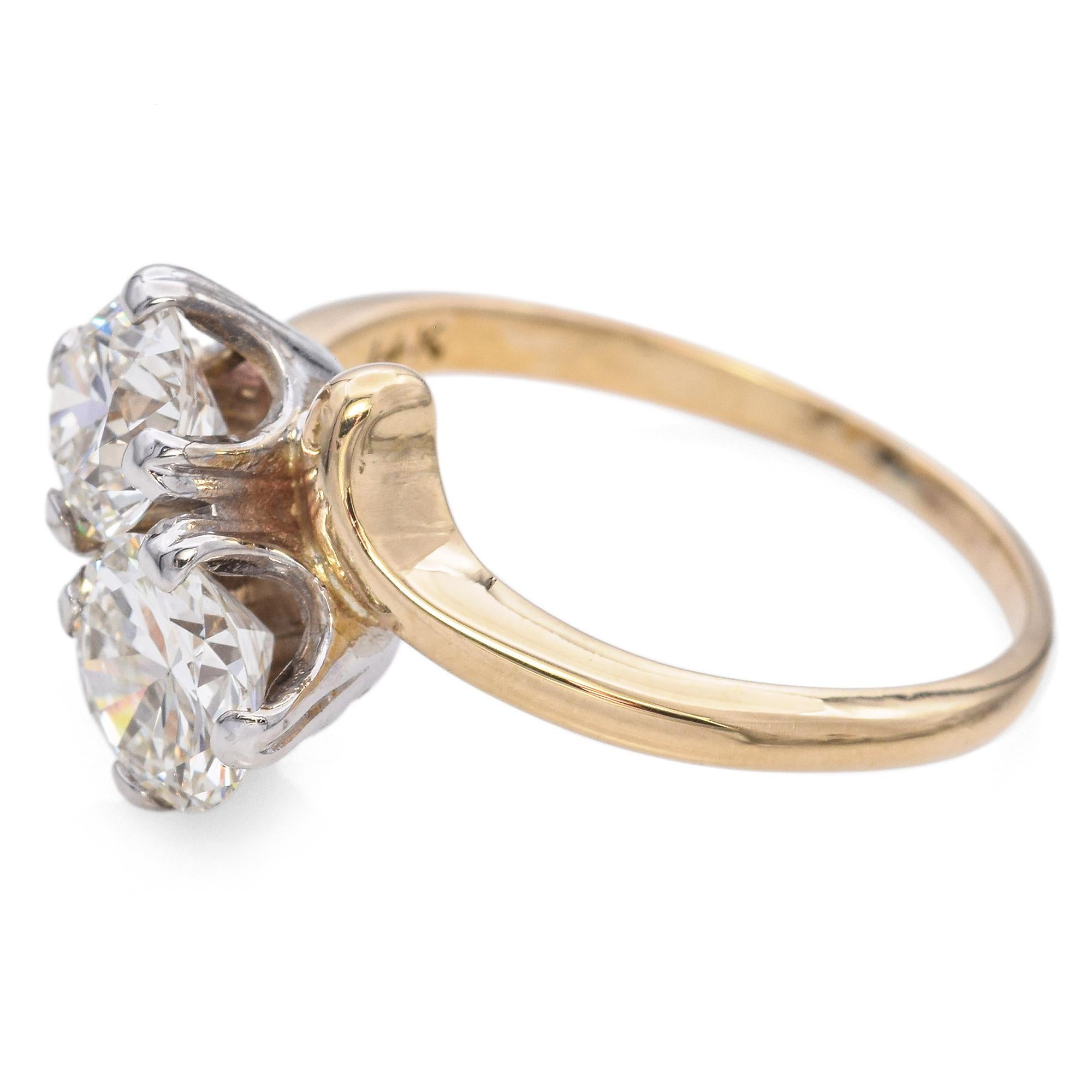 Vintage 14K Yellow and White Gold 1.63 TCW Diamond Bypass Engagement Ring In Good Condition In New York, NY