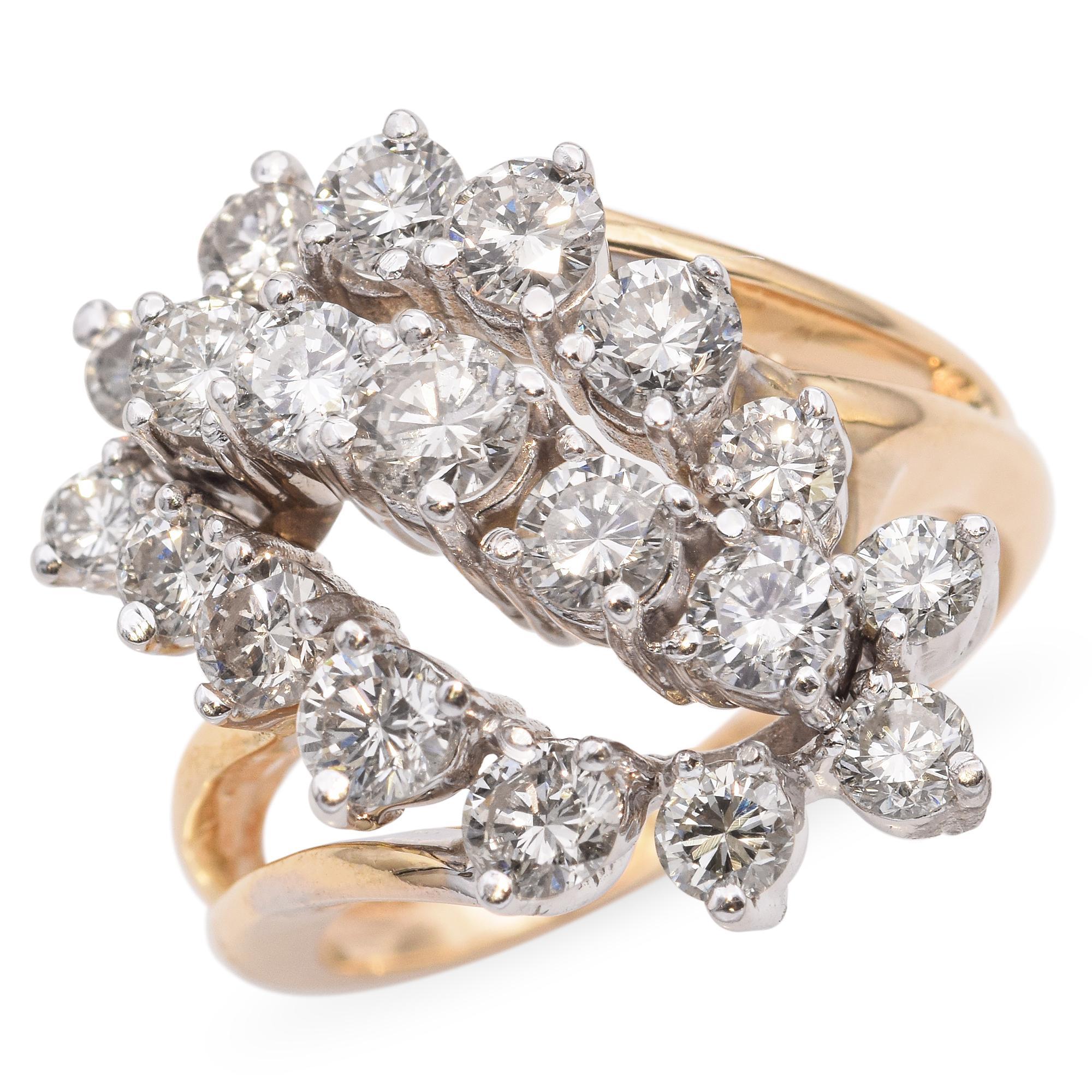 Anello Vintage in oro giallo e bianco 14k con cascata di diamanti da 2,25tcw In condizioni buone in vendita a New York, NY