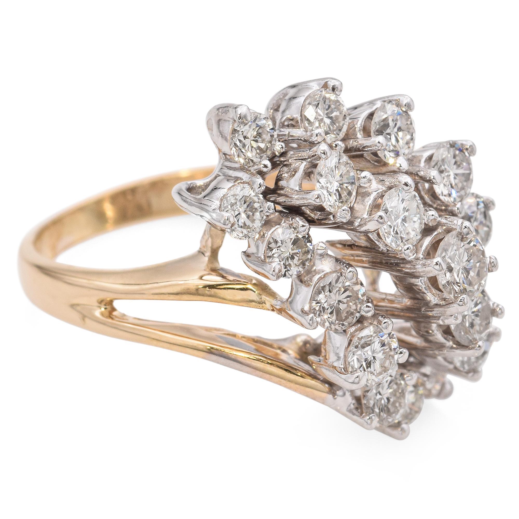 Anello Vintage in oro giallo e bianco 14k con cascata di diamanti da 2,25tcw in vendita 1