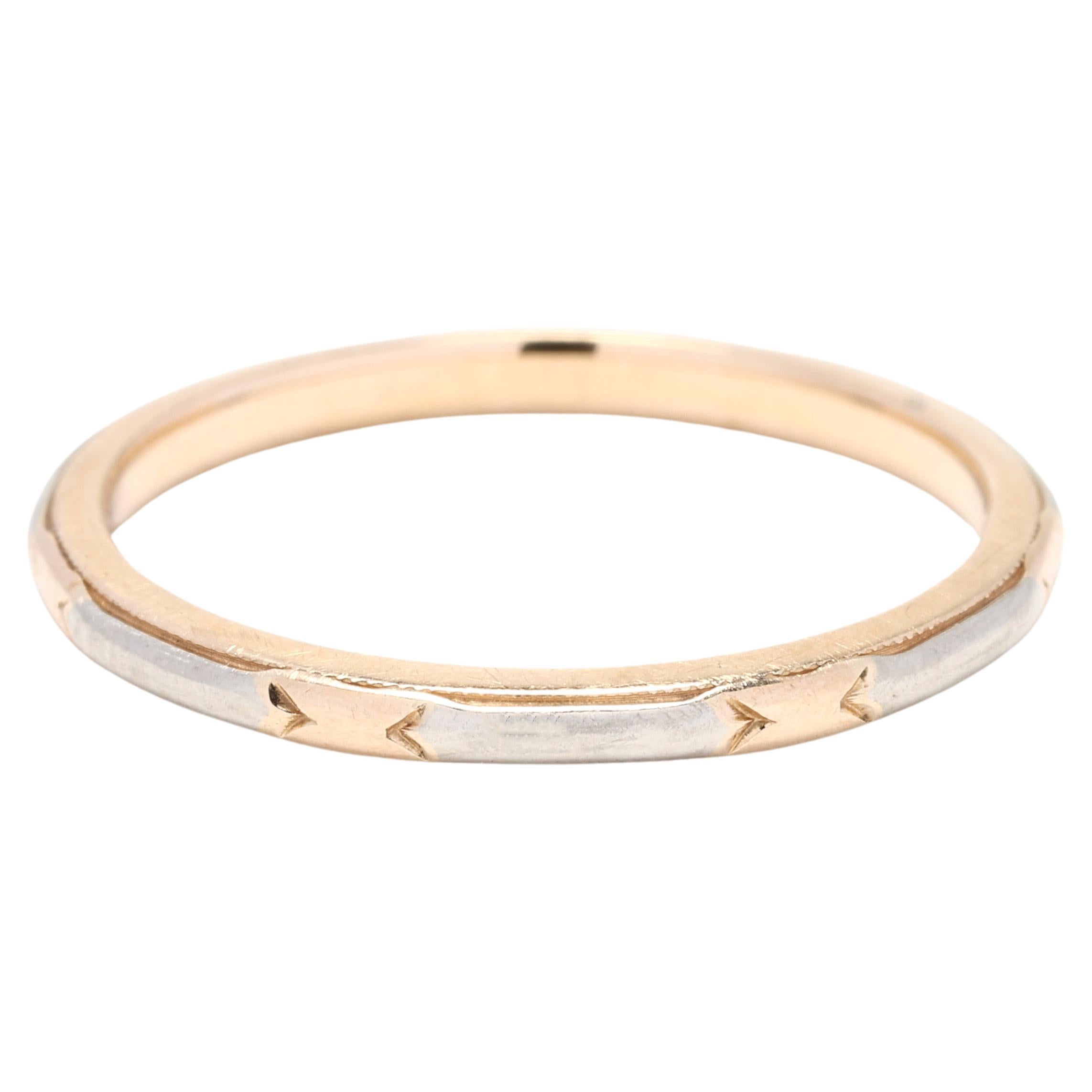 Anello vintage a fascia in oro giallo e bianco 14k, Art Carved, misura 4,75