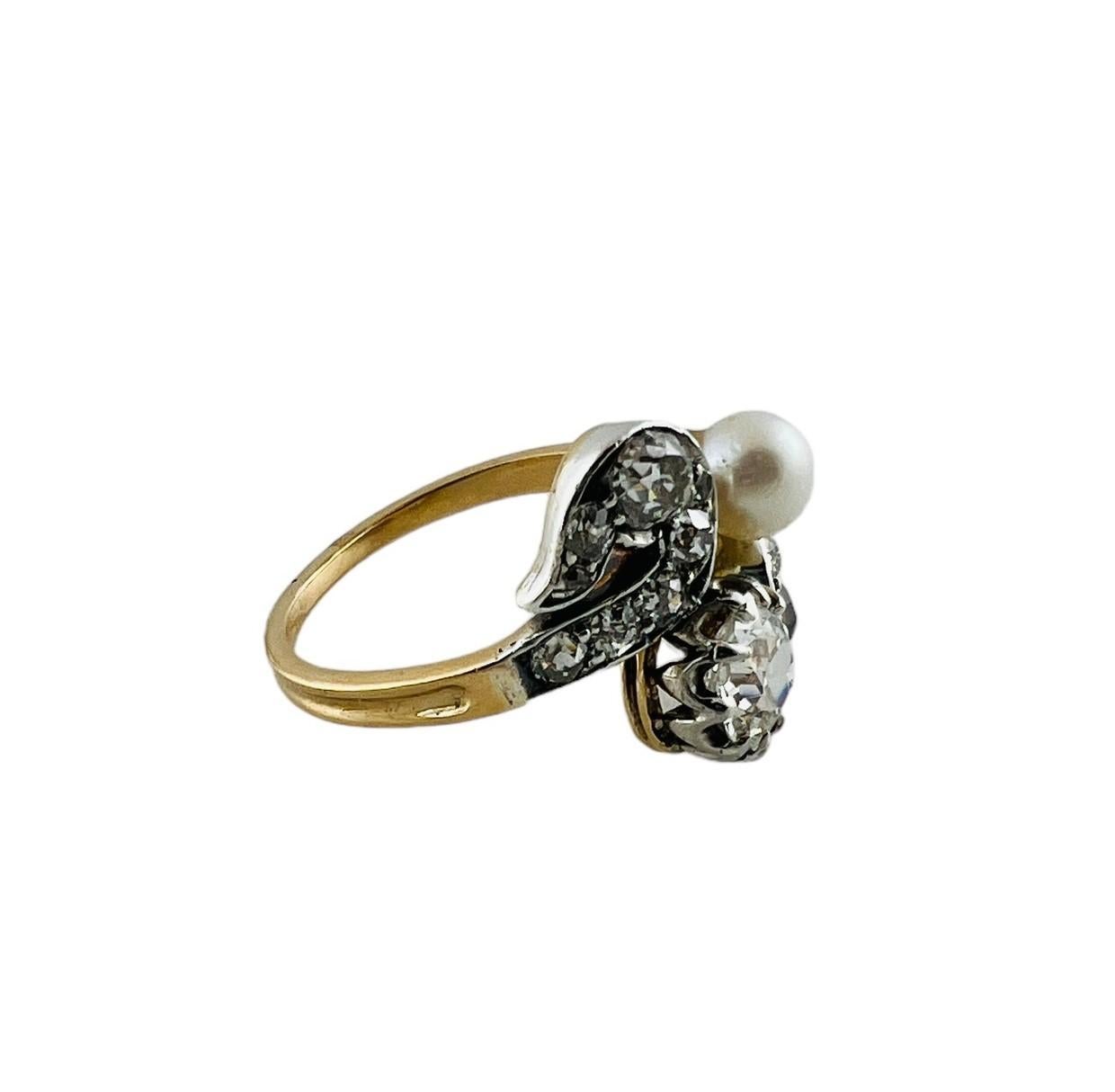 Old Mine Cut Vintage 14K Yellow and White Gold Diamond and Pearl Ring 1.80cttw #16585 For Sale
