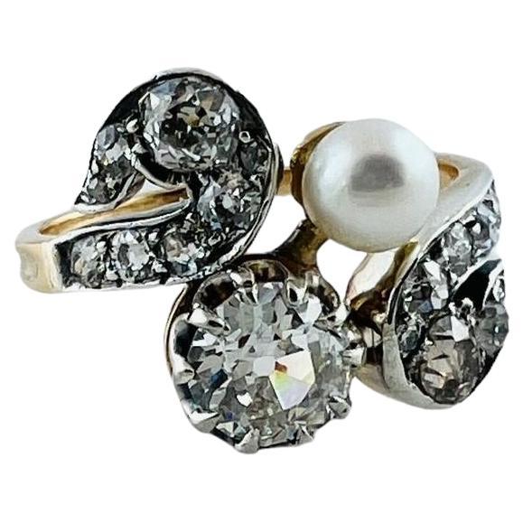 Vintage 14K Yellow and White Gold Diamond and Pearl Ring 1.80cttw #16585 For Sale
