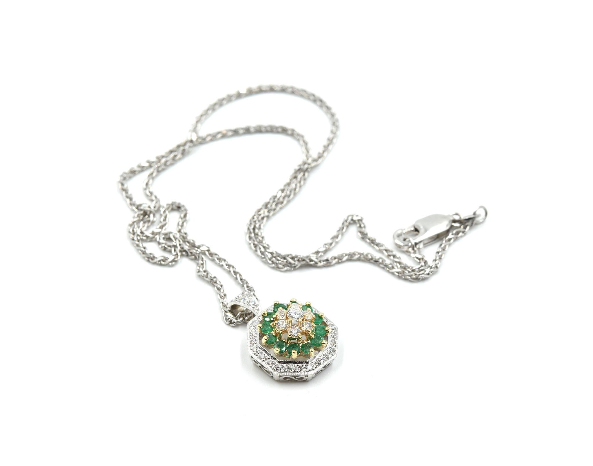 Round Cut Vintage 14 Karat Yellow and White Gold Diamond and Emerald Pendant Necklace