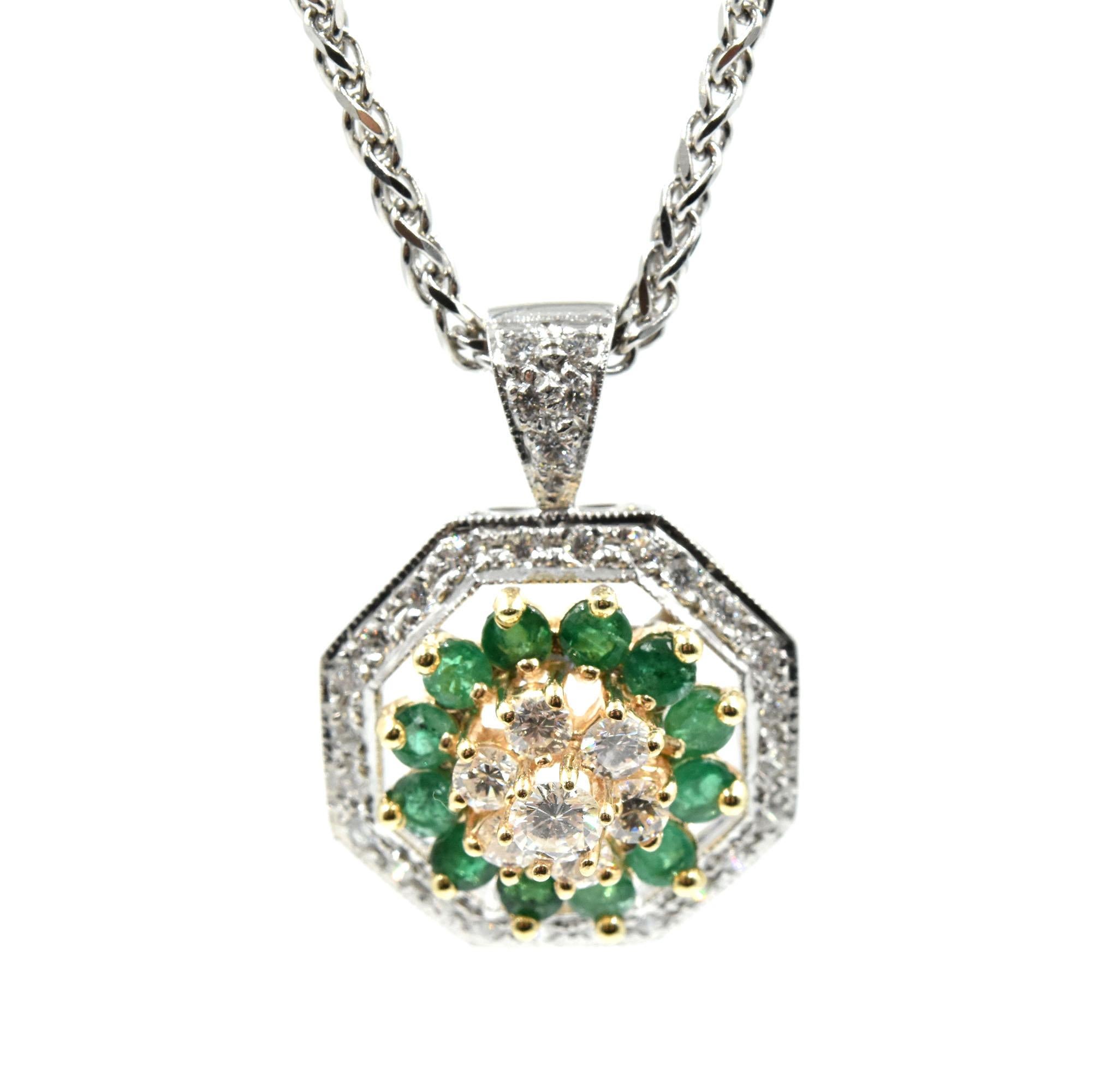 Vintage 14 Karat Yellow and White Gold Diamond and Emerald Pendant Necklace