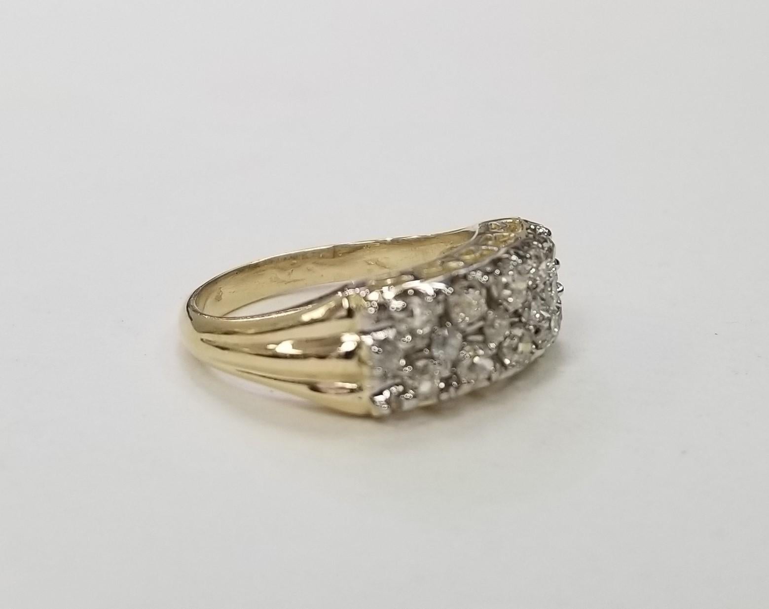 Vintage 14k Yellow and white Gold Old Minor Cut Diamond Wedding Ring Diamond Wedding Ring . 
Specifications:
Metal: 14K Yellow and White Gold
Center Stone: 10 Old Minor Cut Diamonds .70 cts.
Side Stones: 6 Rose Cut Diamonds .20 cts.
Weights: