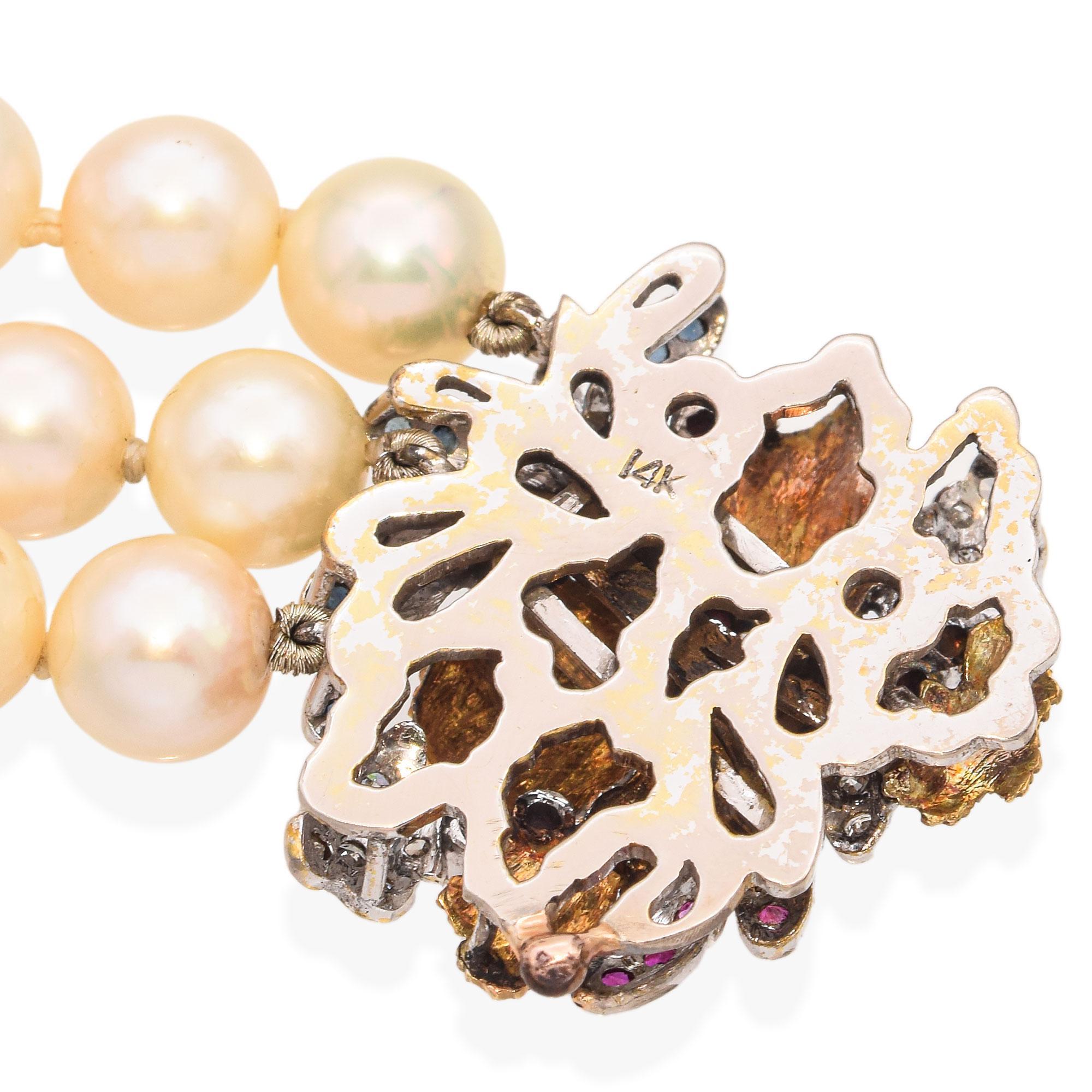 Bead Vintage 14k Yellow and White Gold Pearl and Precious Stone Bracelet For Sale