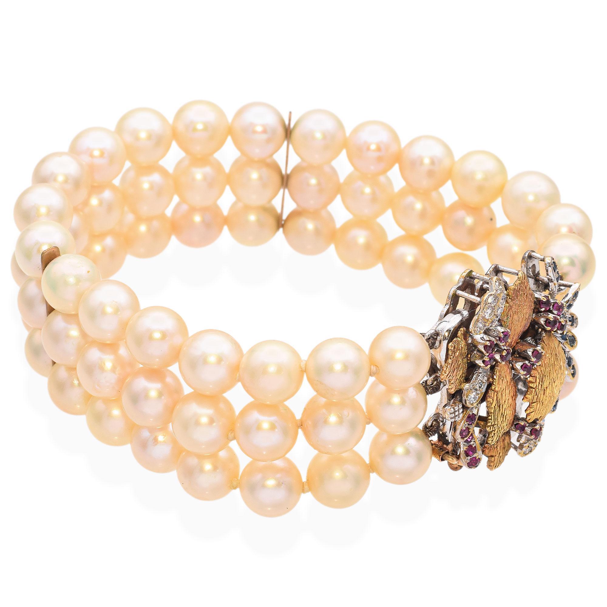Vintage 14k Yellow and White Gold Pearl and Precious Stone Bracelet In Good Condition For Sale In New York, NY
