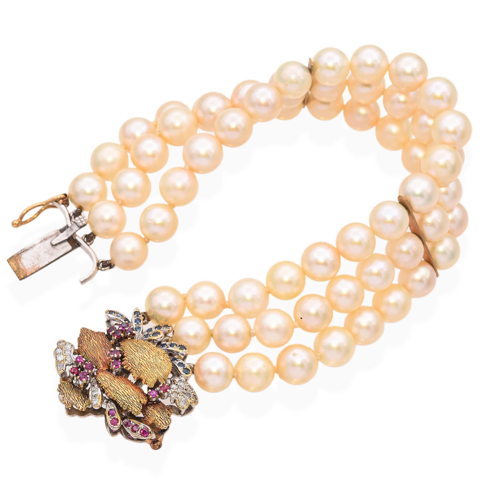 Women's Vintage 14k Yellow and White Gold Pearl and Precious Stone Bracelet For Sale