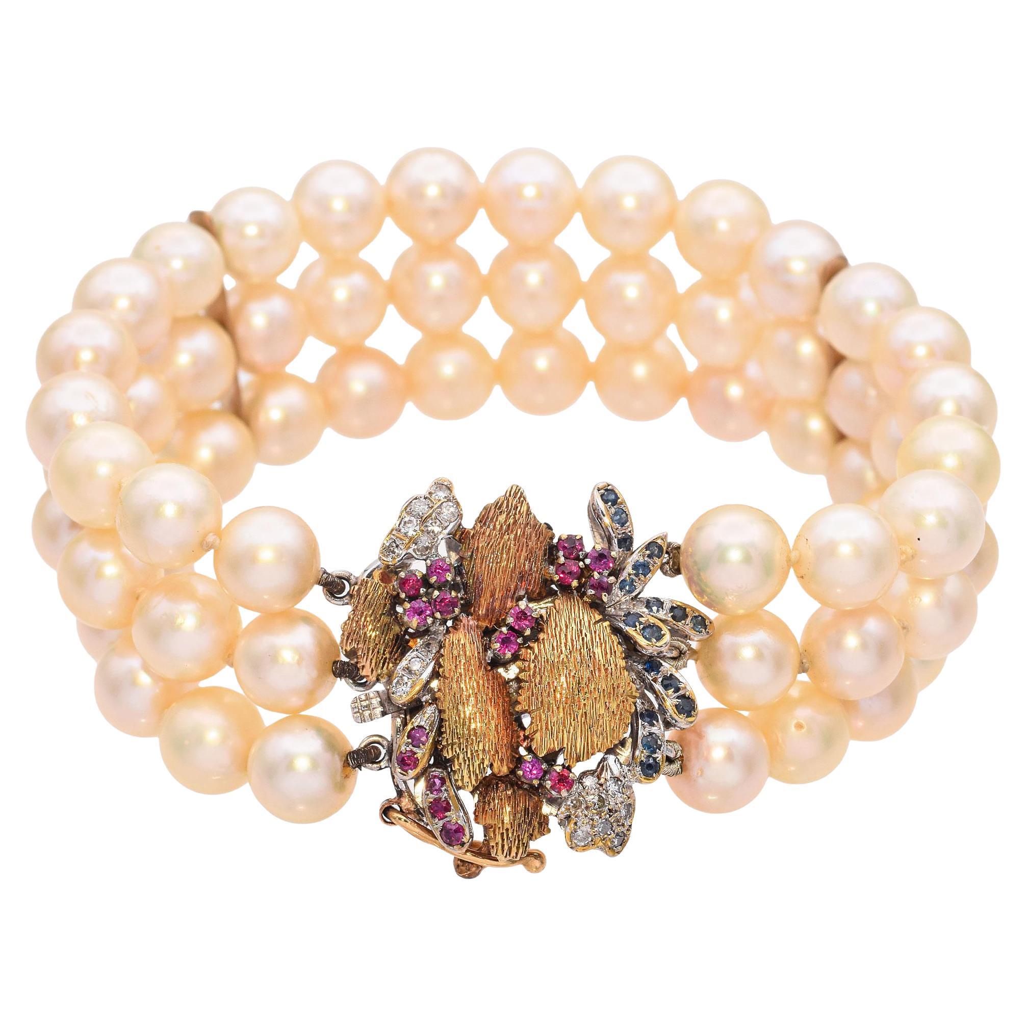 Vintage 14k Yellow and White Gold Pearl and Precious Stone Bracelet