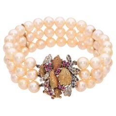 Vintage 14k Yellow and White Gold Pearl and Precious Stone Bracelet
