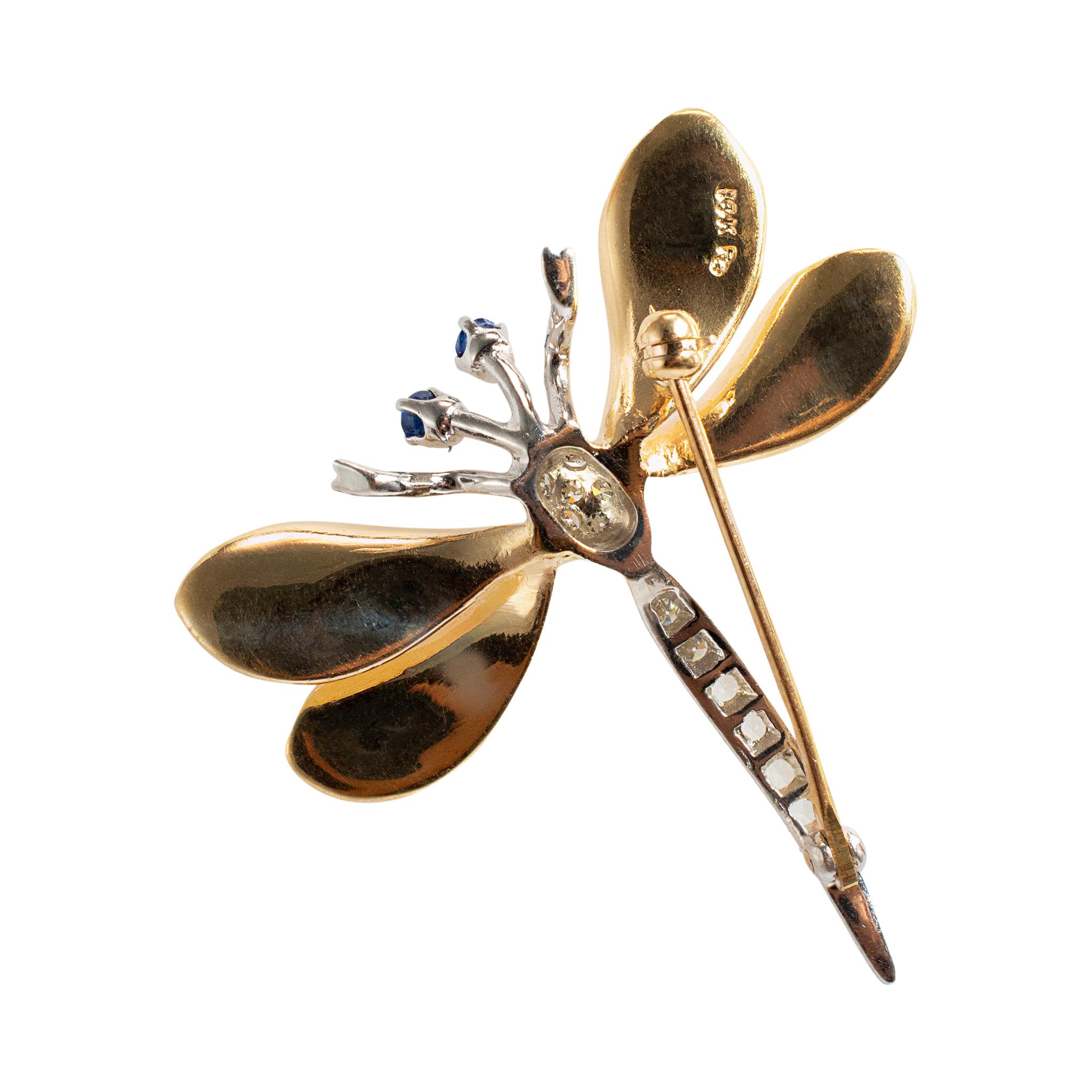 Broche libellule vintage en or jaune et blanc 14K avec saphirs et diamants Excellent état - En vente à Houston, TX