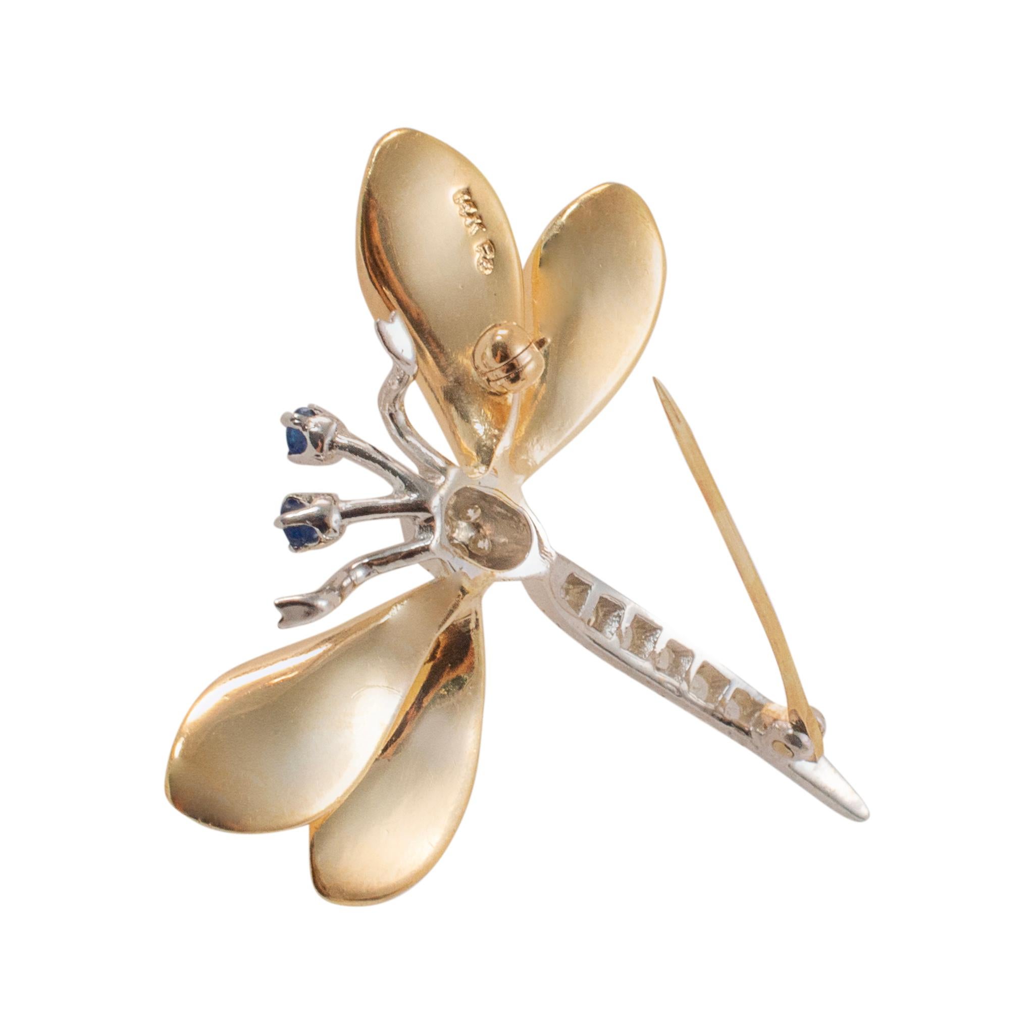 Broche libellule vintage en or jaune et blanc 14K avec saphirs et diamants en vente 1