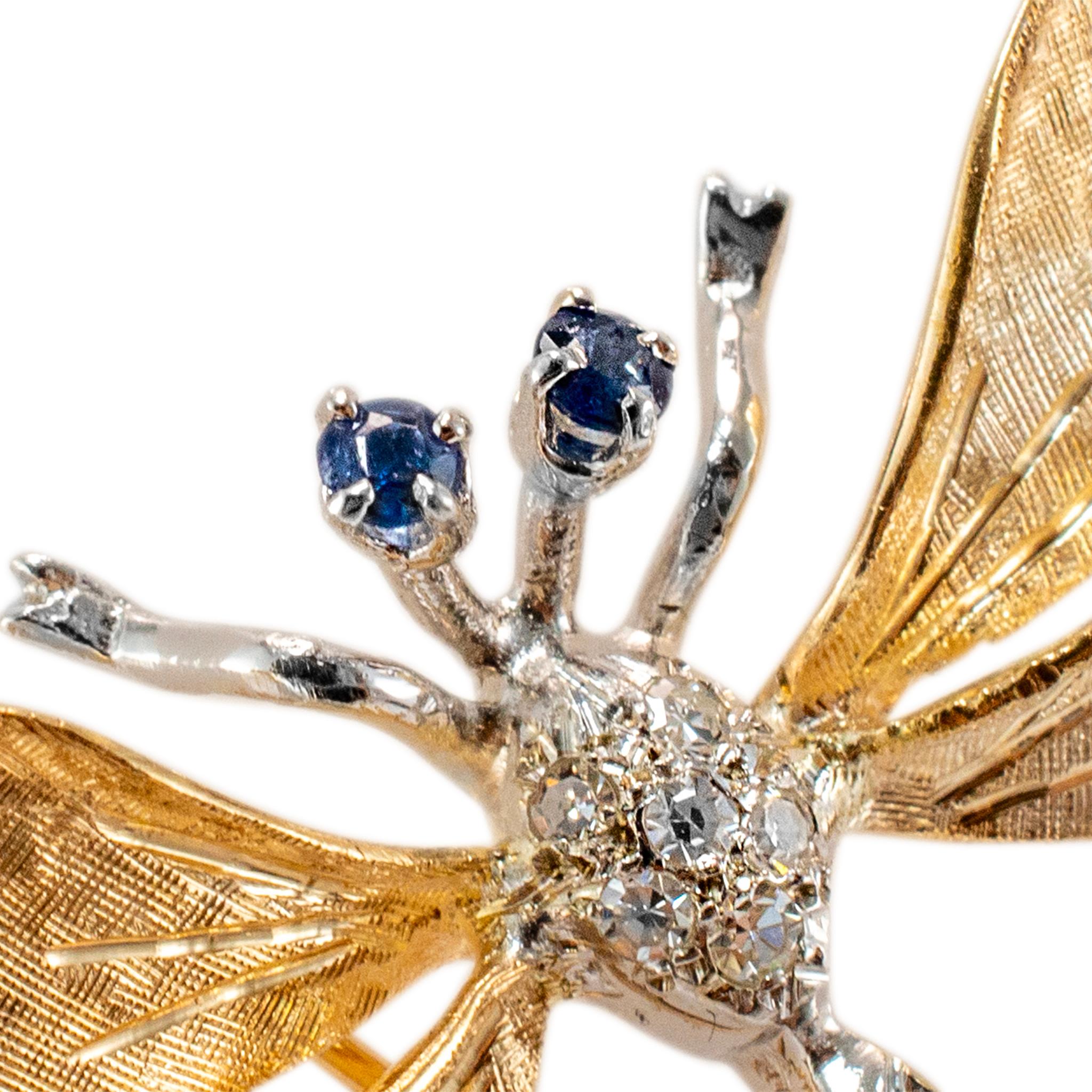 Broche libellule vintage en or jaune et blanc 14K avec saphirs et diamants en vente 2