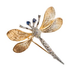 Vintage 14K Yellow and White Gold Sapphire and Diamond Dragonfly Brooch
