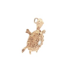 Vintage 14k Yellow Gold 0.20ct Diamond Detailed Turtle Charm Pendant