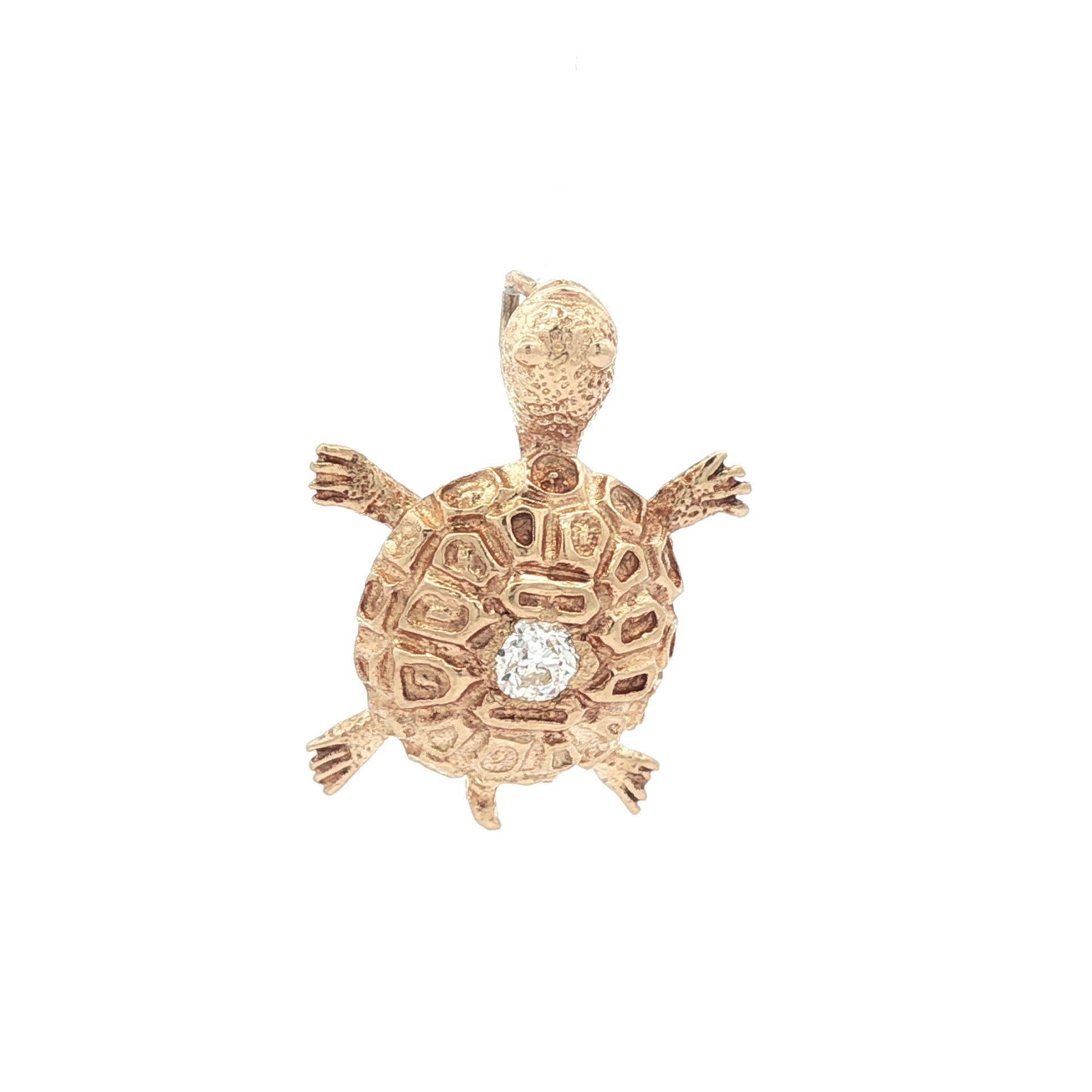 Vintage 14k Yellow Gold 0.20ct Diamond Detailed Turtle Charm Pendentif