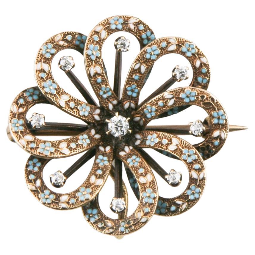 Vintage 14k Yellow Gold 0.45 Carat Diamond & Enamel Floral Ribbon Brooch