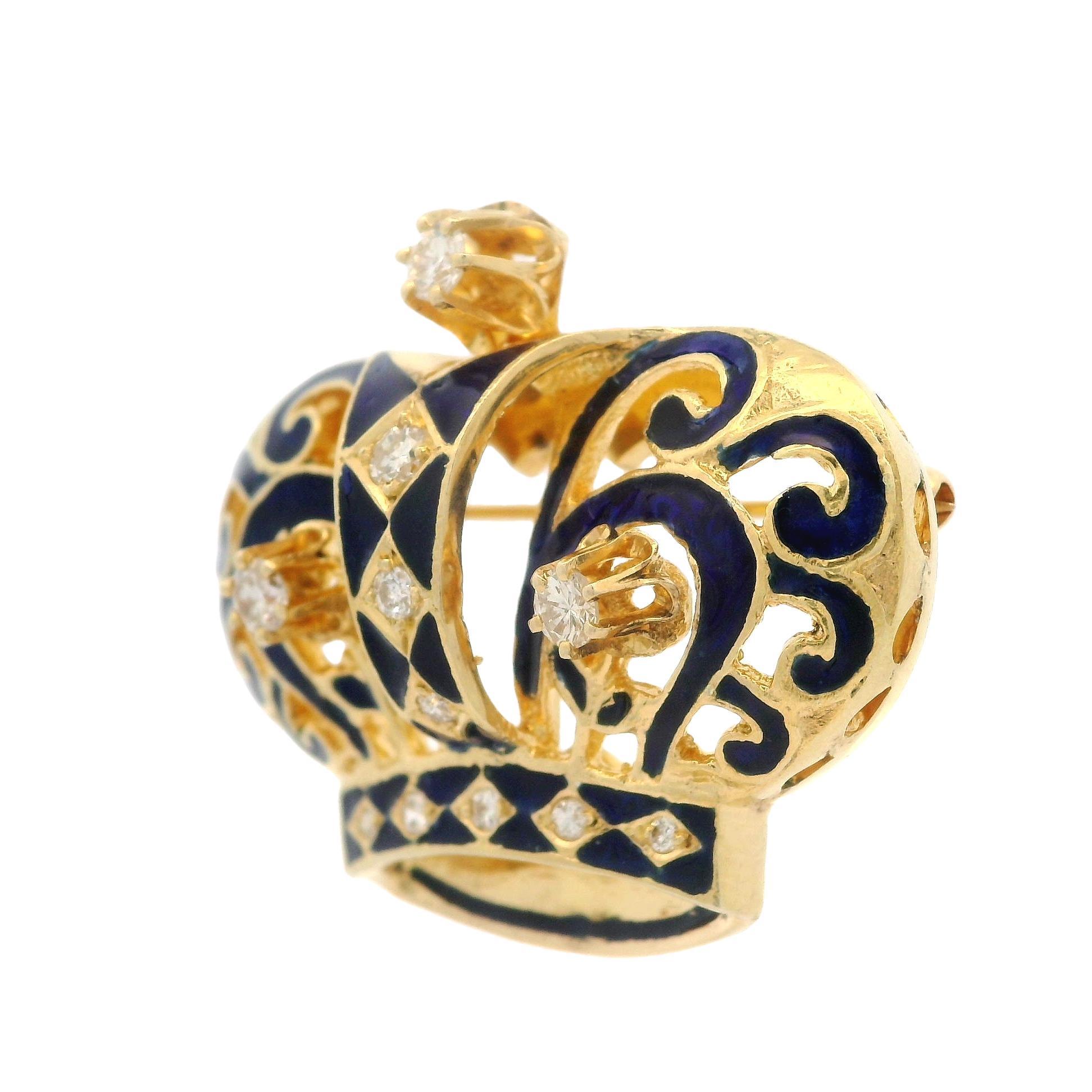 Vintage 14k Yellow Gold 0.45ctw Diamond Blue Enamel Work Royal Crown Pin Brooch In Good Condition For Sale In Montclair, NJ