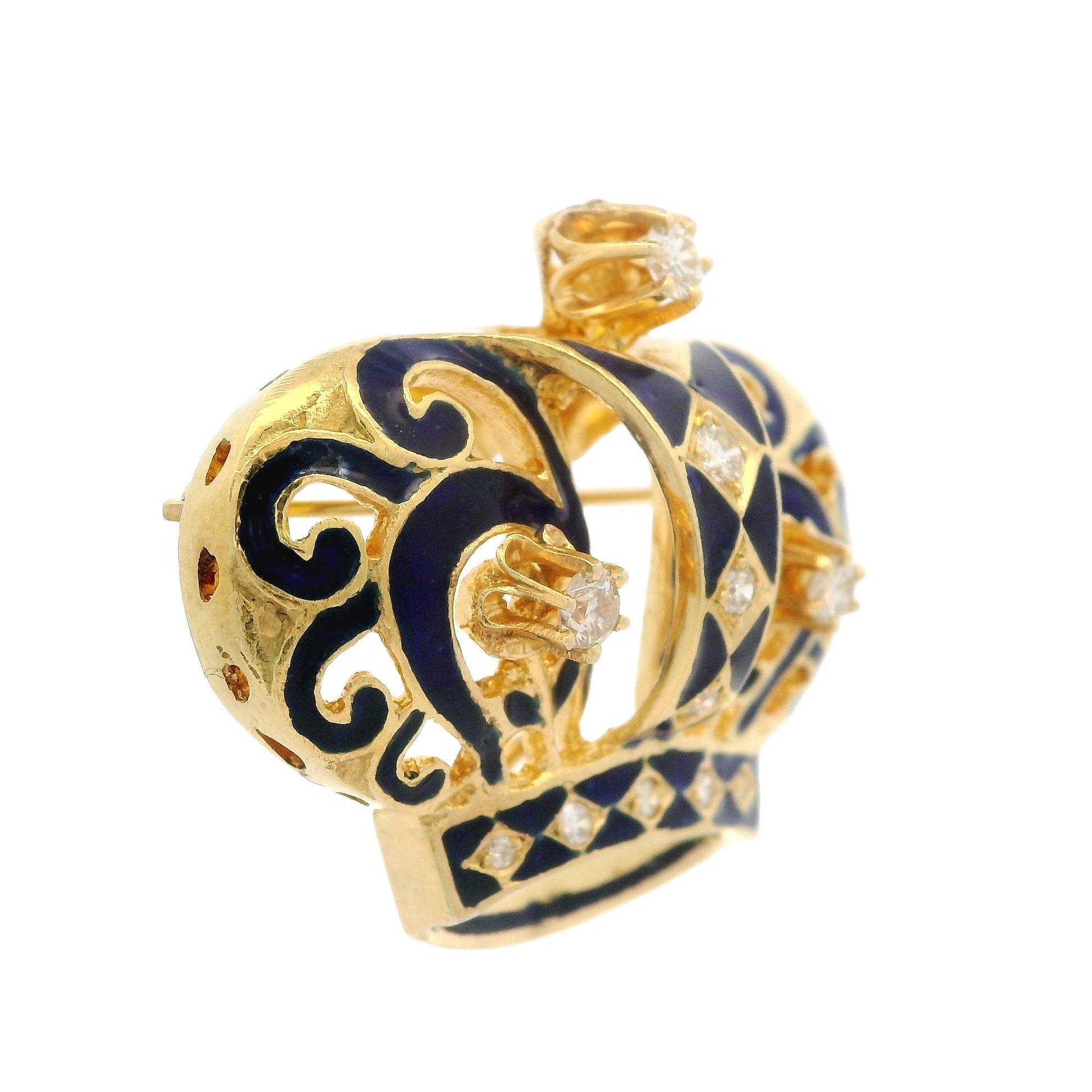 Vintage 14k Yellow Gold 0.45ctw Diamond Blue Enamel Work Royal Crown Pin Brooch For Sale 1