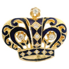 Vintage 14k Yellow Gold 0.45ctw Diamond Blue Enamel Work Royal Crown Pin Brooch