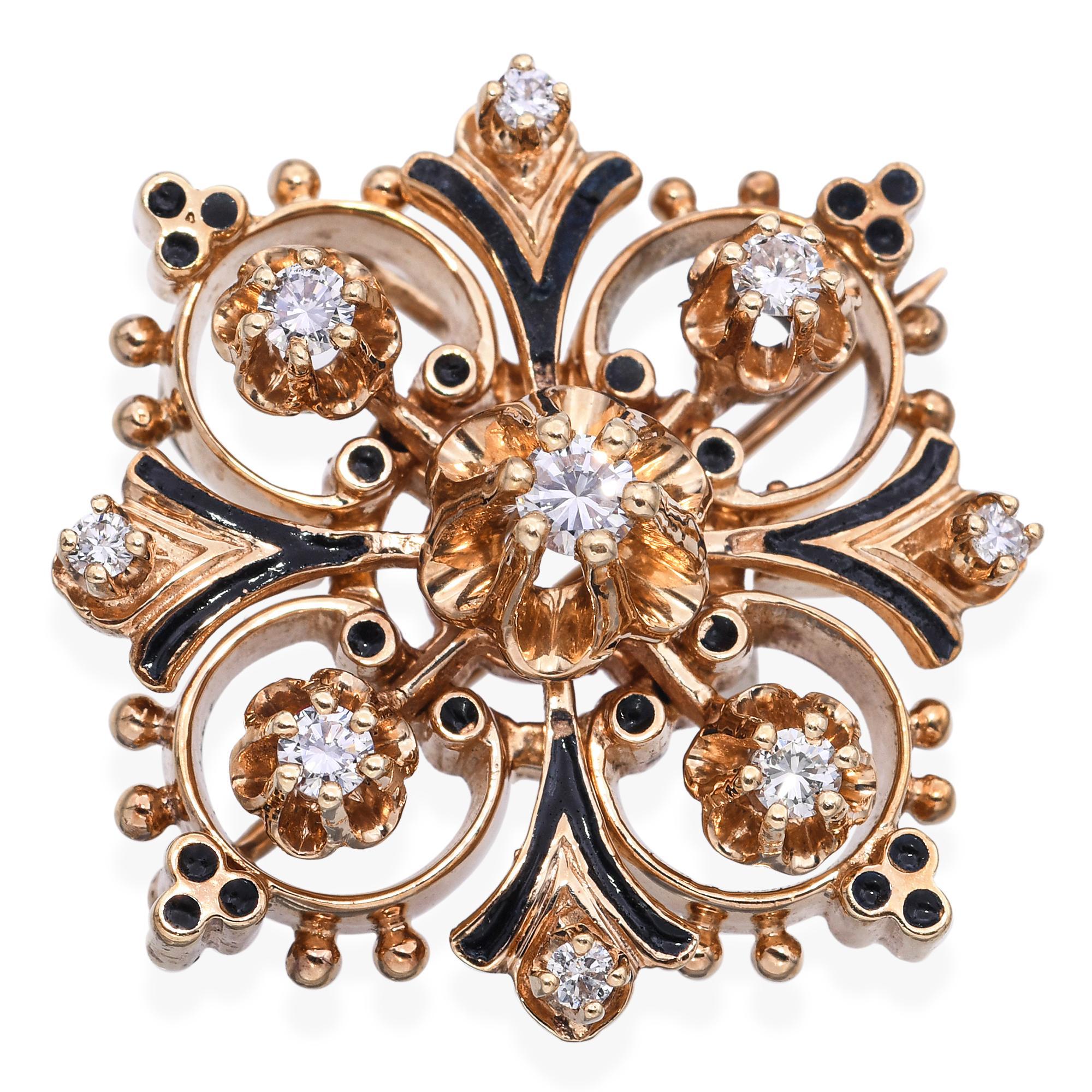 This vintage brooch is crafted in 14k yellow gold and adorned with approximately 0.49 carats total weight of sparkling diamonds. Elegant black enamel detailing provides striking contrast, enhancing the brilliance of the diamonds and adding a