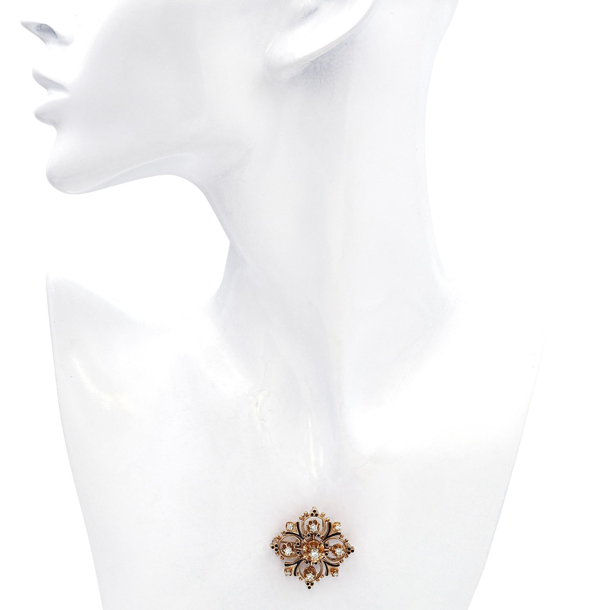 Vintage 14k Yellow Gold 0.49tcw Diamond and Enamel Brooch Art Decó en venta