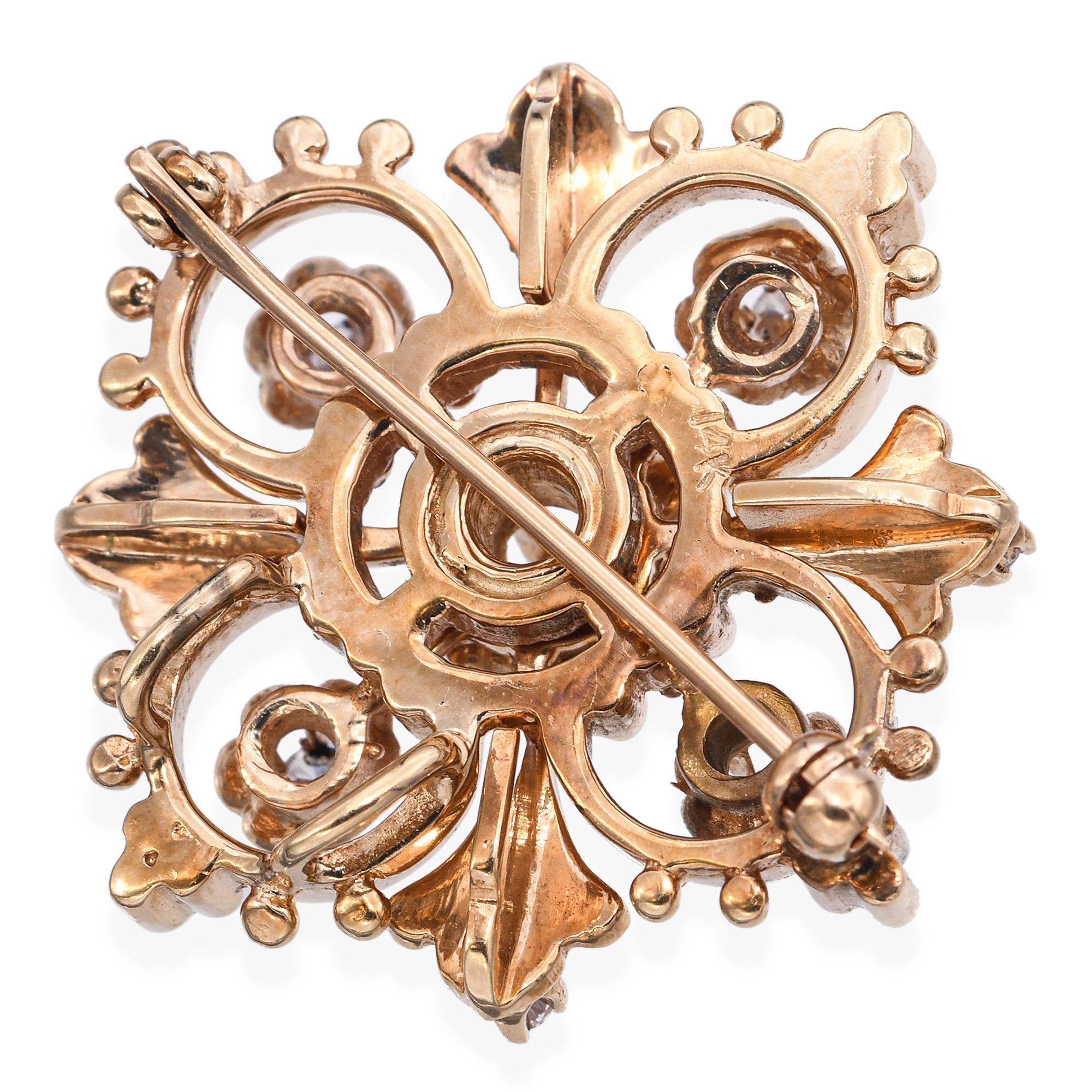 Vintage 14k Yellow Gold 0.49tcw Diamond and Enamel Brooch Corte redondo en venta