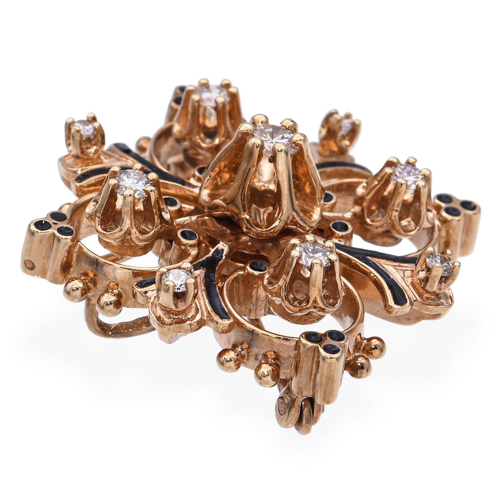 Vintage 14k Yellow Gold 0.49tcw Diamond and Enamel Brooch en Bueno estado para la venta en New York, NY
