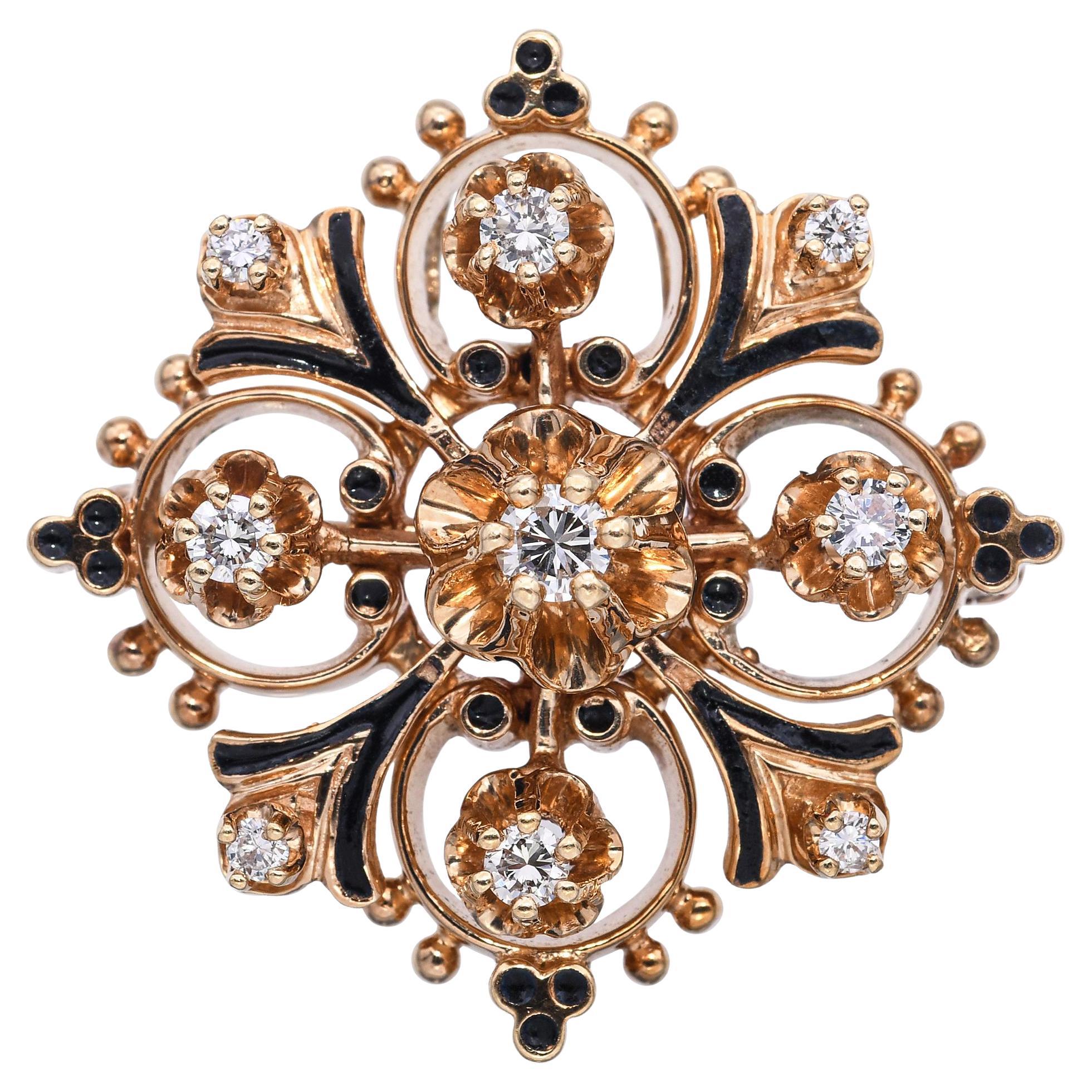 Vintage 14k Yellow Gold 0.49tcw Diamond and Enamel Brooch
