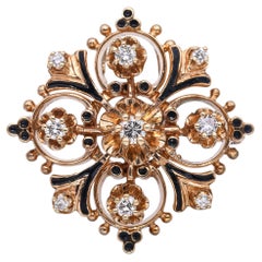 Vintage 14k Yellow Gold 0.49tcw Diamond and Enamel Brooch