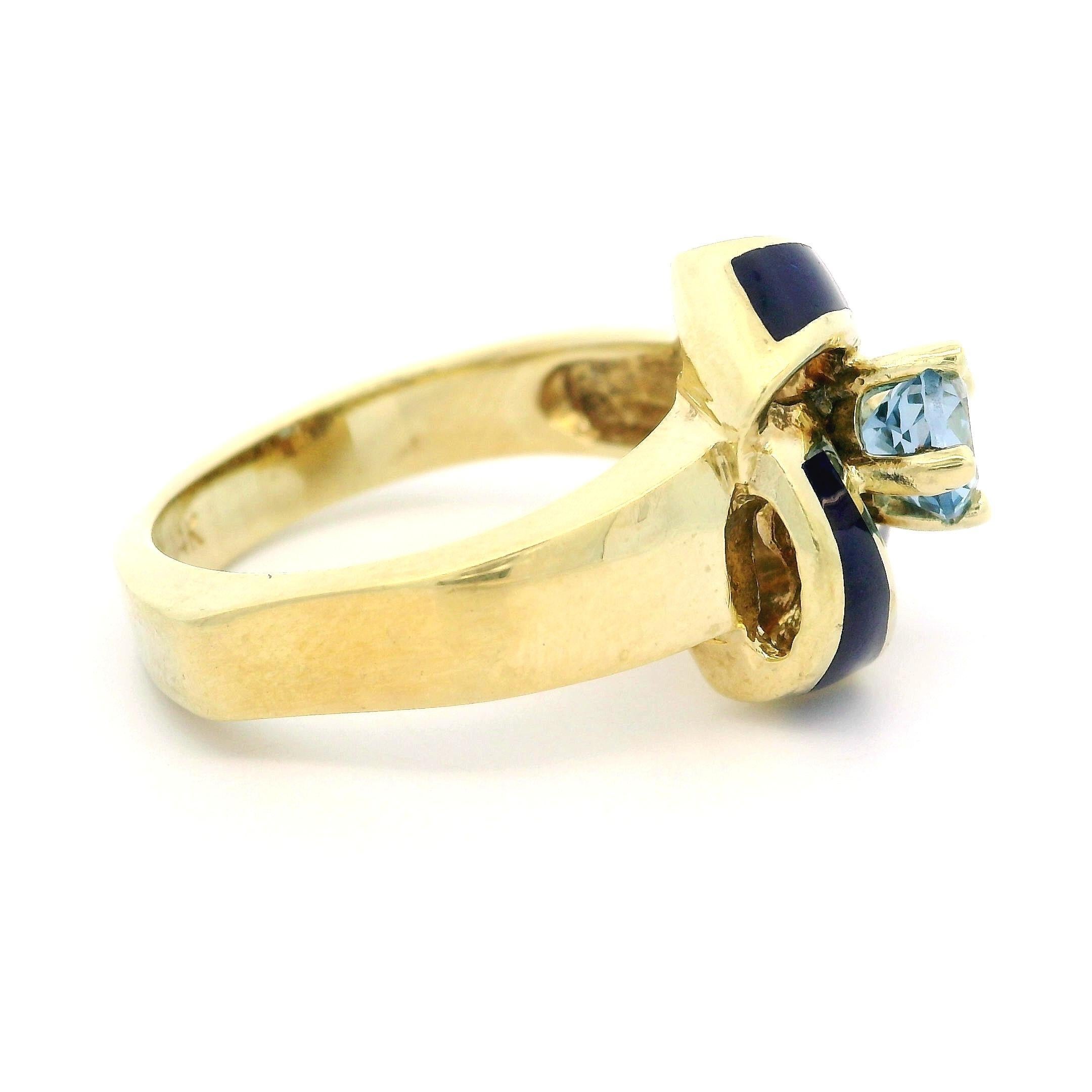 Bague nœud infini vintage en or jaune 14 carats avec aigue-marine 0,56 carat et émail bleu en vente 2