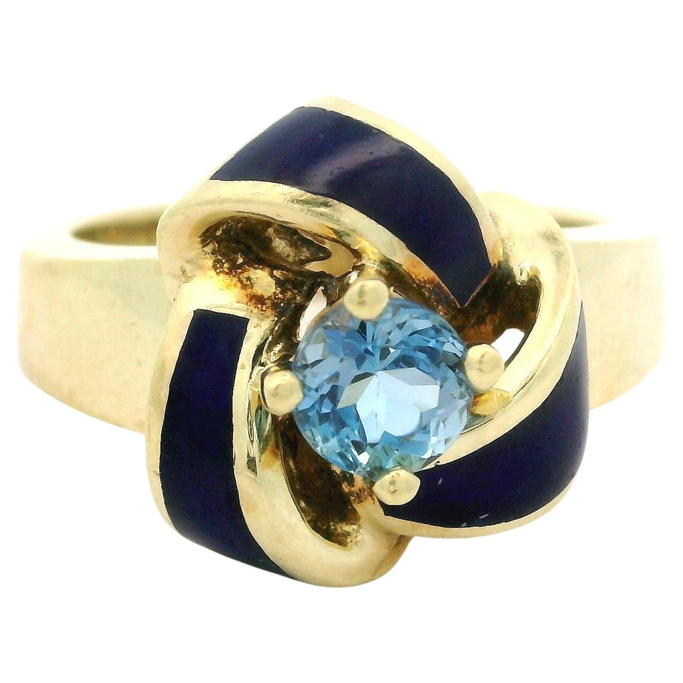 Vintage 14k Yellow Gold 0.56ct Aquamarine w/ Blue Enamel Infinity Knot Ring